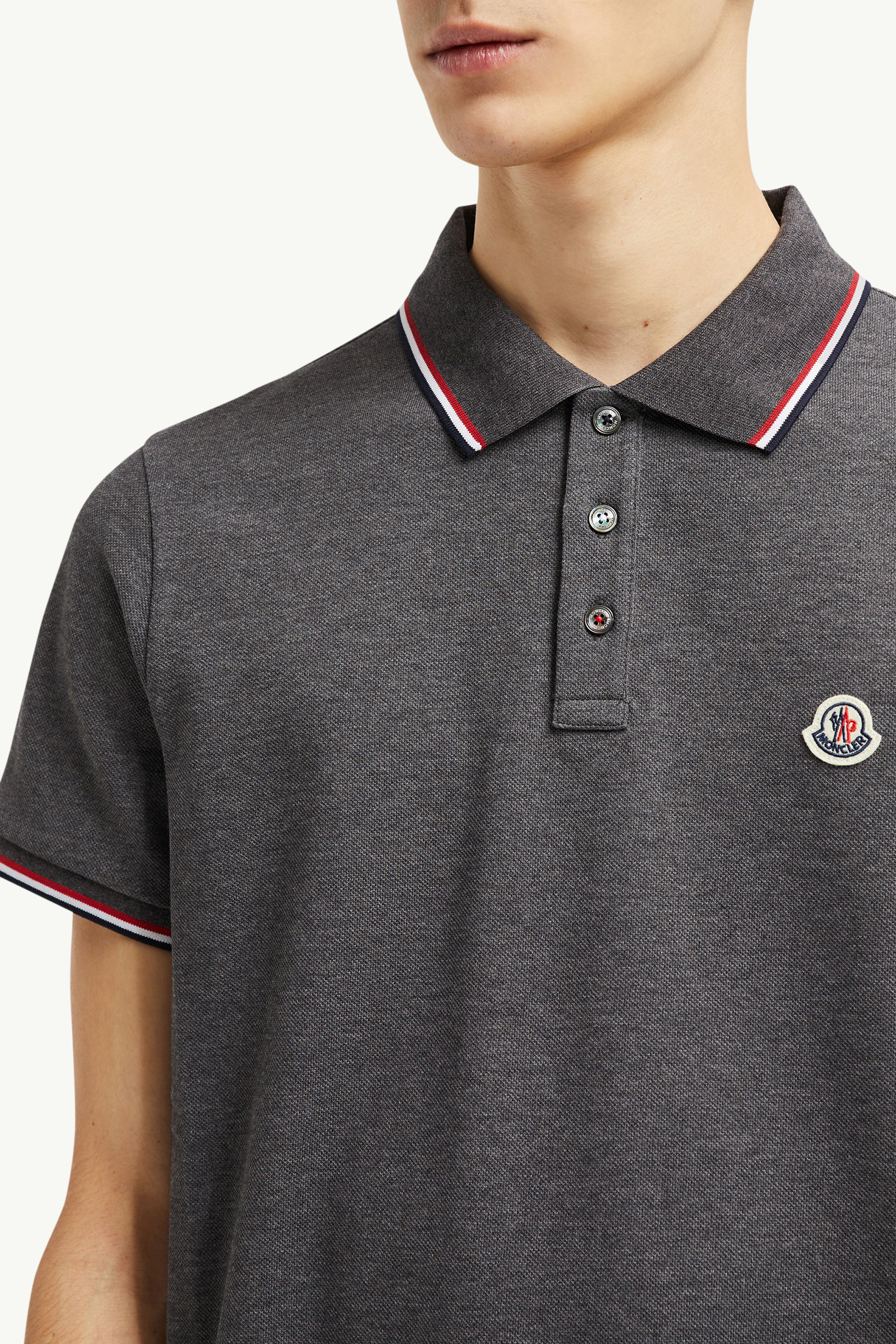 Tricolor-Trimmed Cotton Piquet Polo Shirt Men Dark Gray Moncler 5