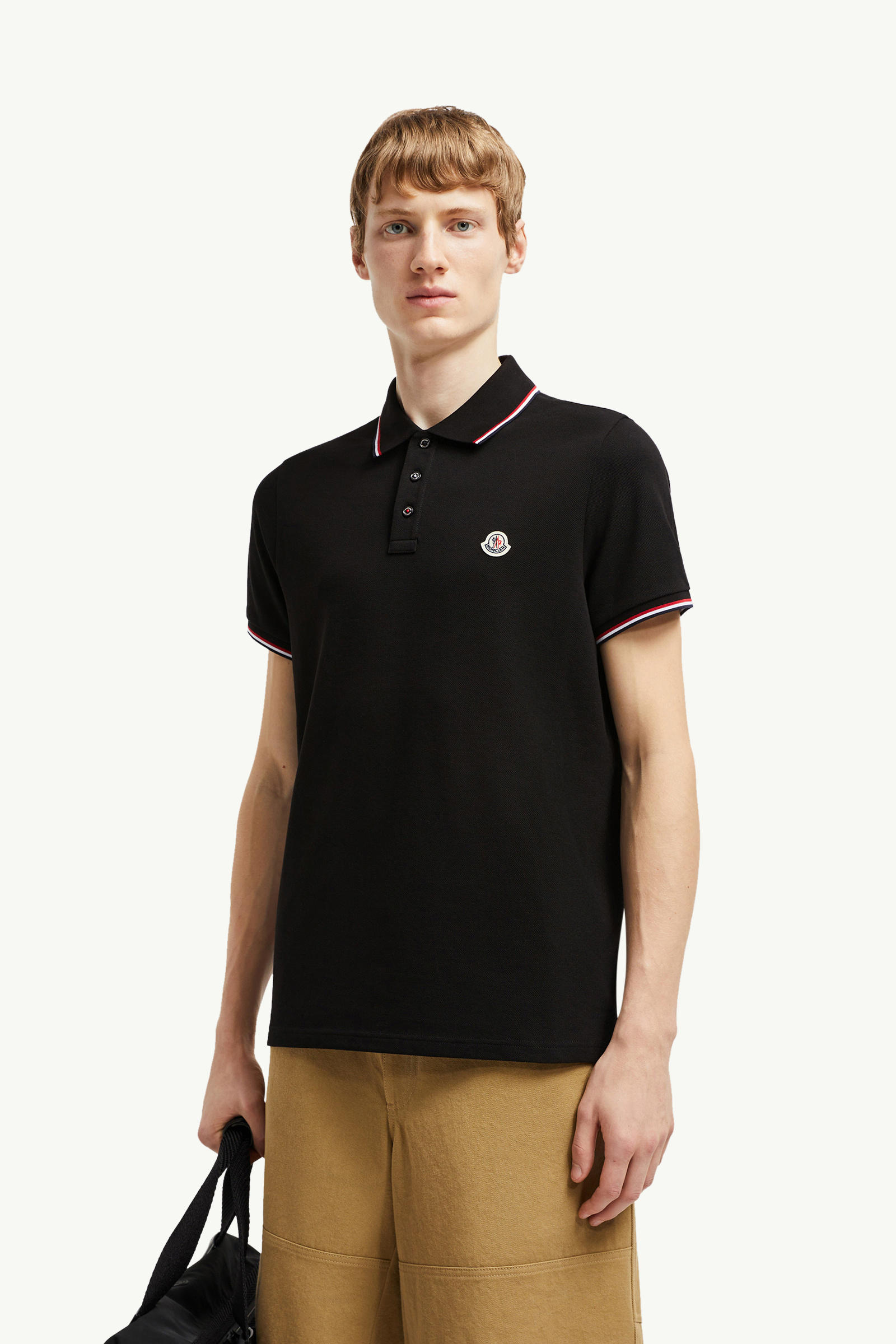 Tricolor-Trimmed Cotton Piquet Polo Shirt Men Black Moncler 0