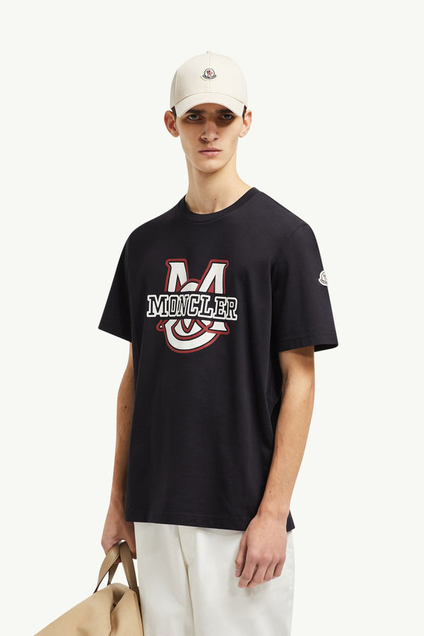 T-Shirt aus Baumwolle mit grafischem College-Logo Herren Navyblau Moncler 0