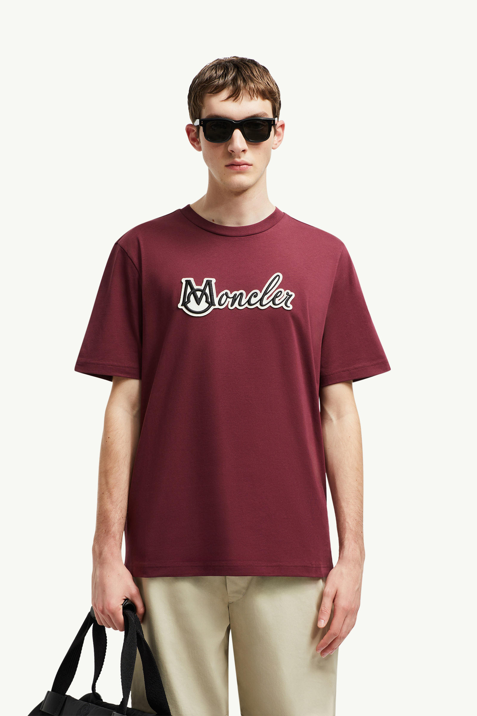 Embroidered Varsity Logo Cotton T-shirt Men Burgundy Moncler 0