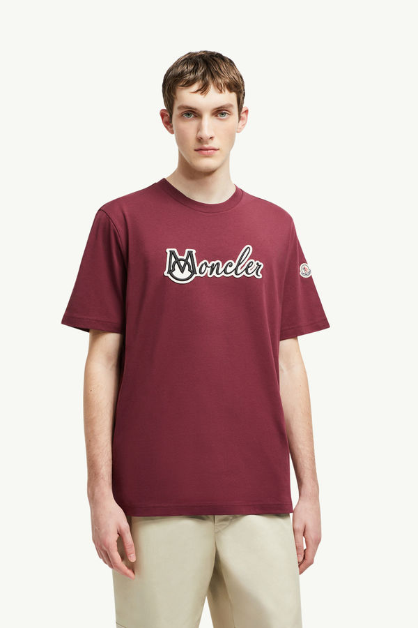 Embroidered Varsity Logo Cotton T-shirt Men Burgundy Moncler 3
