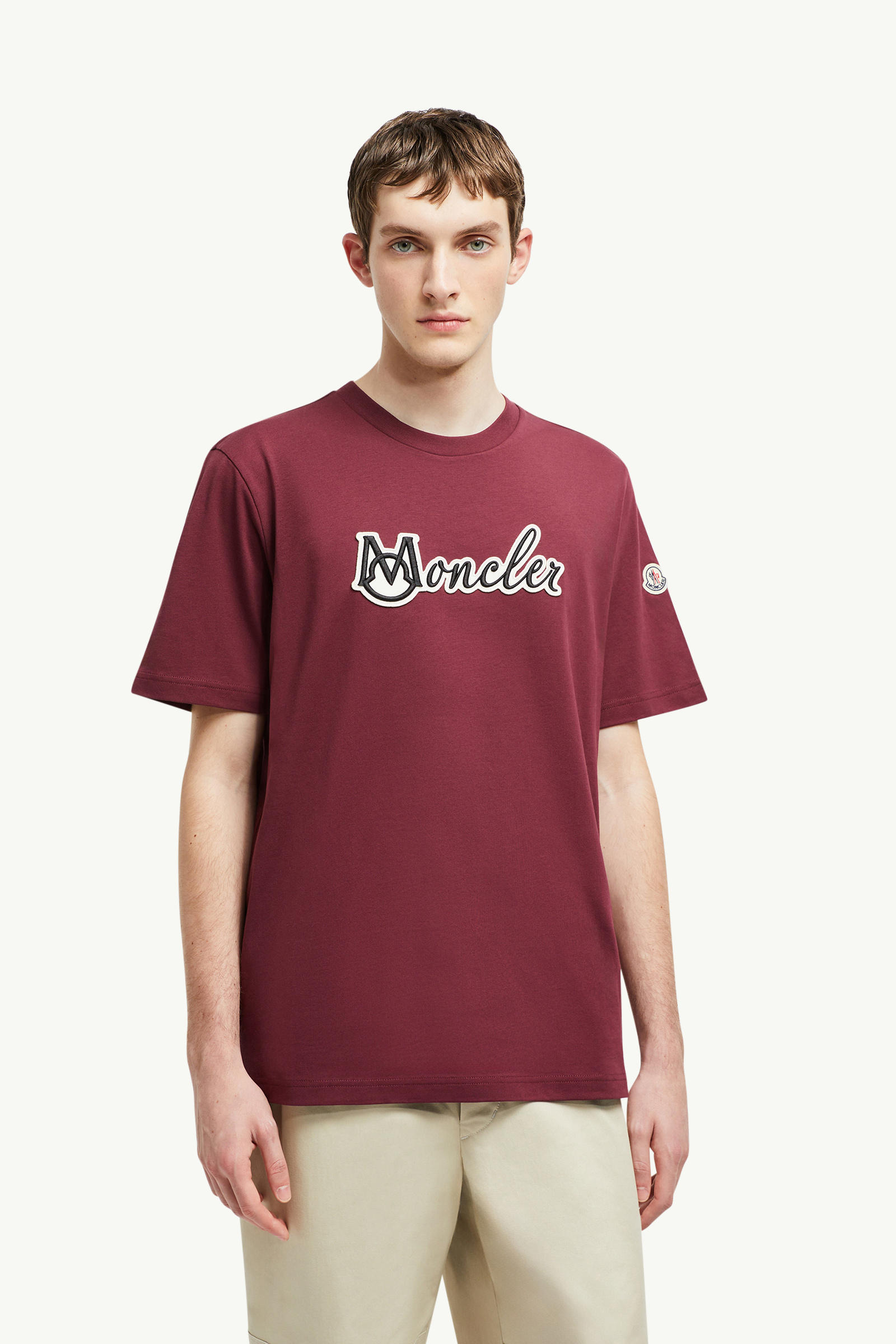 Embroidered Varsity Logo Cotton T-shirt Men Burgundy Moncler 3