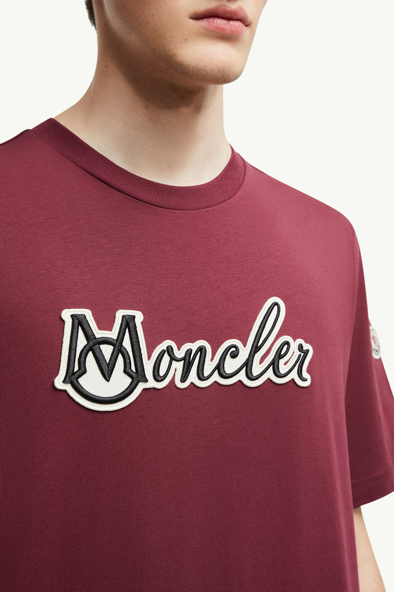 Embroidered Varsity Logo Cotton T-shirt Men Burgundy Moncler 5