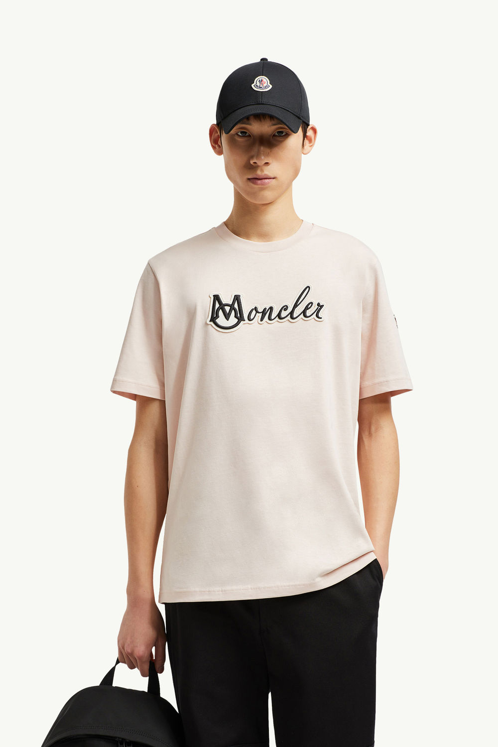 Embroidered Varsity Logo Cotton T-shirt Men Light Pink Moncler 0