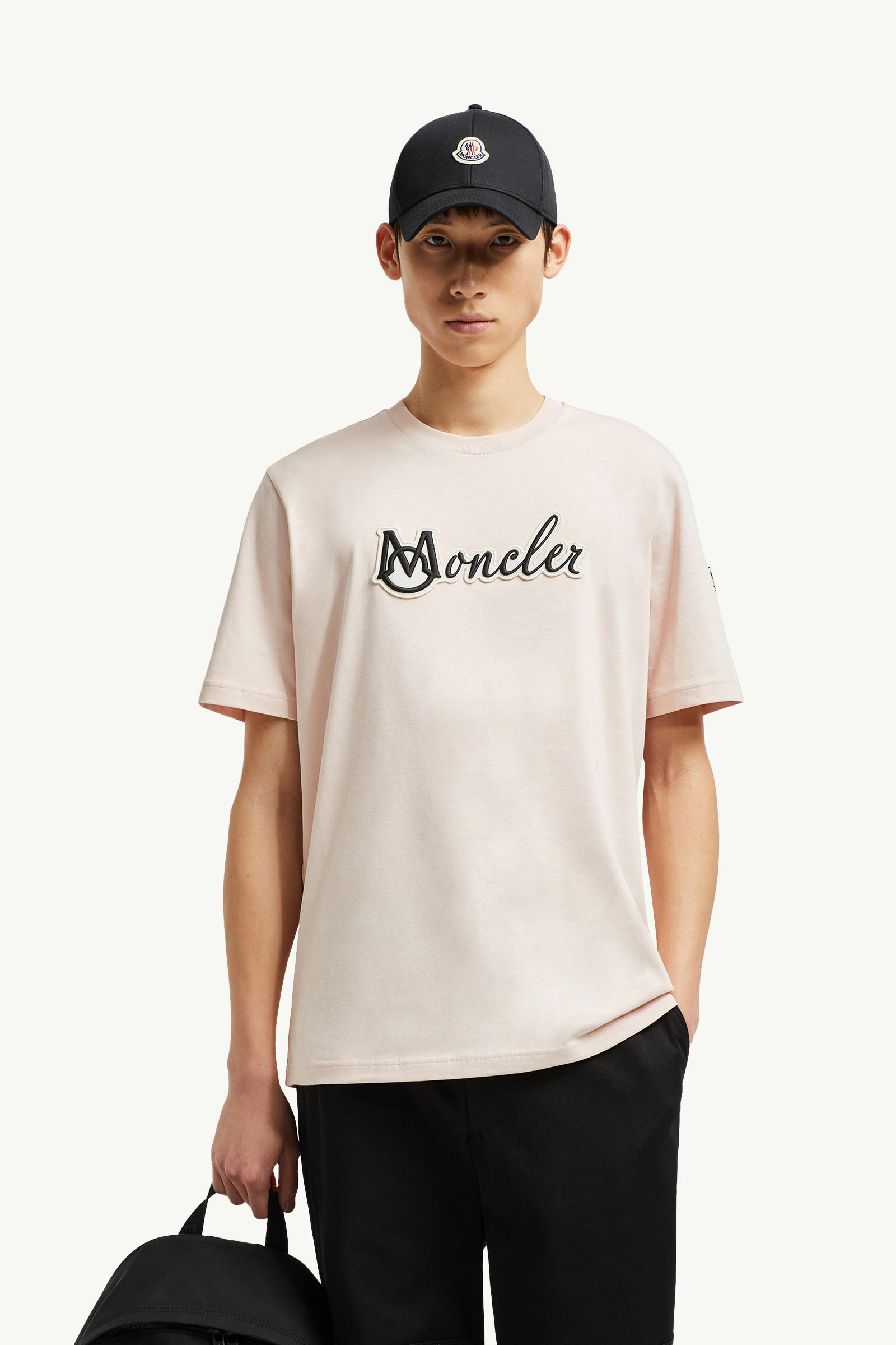 Embroidered Varsity Logo Cotton T-shirt Men Light Pink Moncler 0