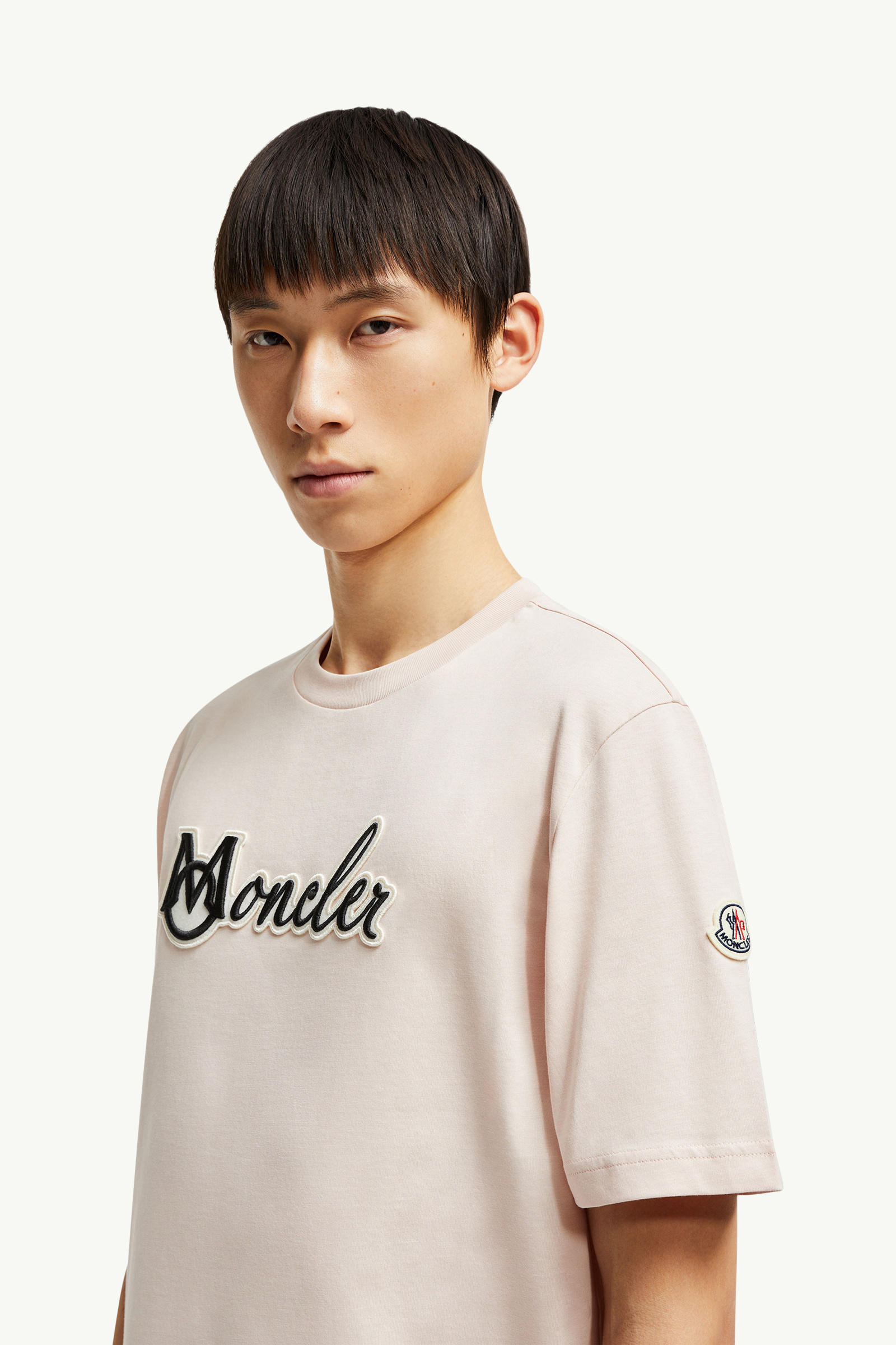 Embroidered Varsity Logo Cotton T-shirt Men Light Pink Moncler 1