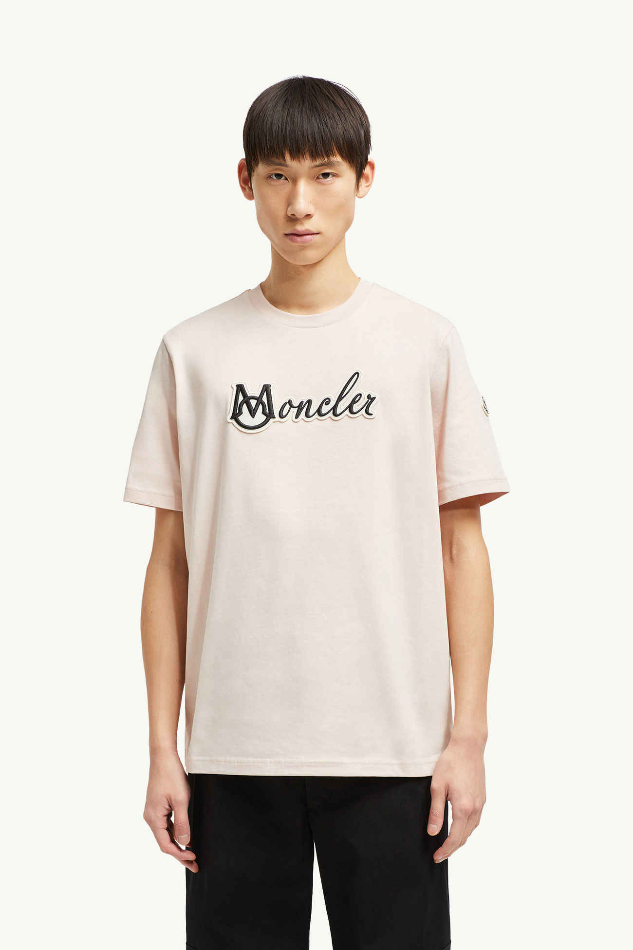 Camiseta de algodón con logotipo universitario bordado Hombre Rosado claro Moncler 3