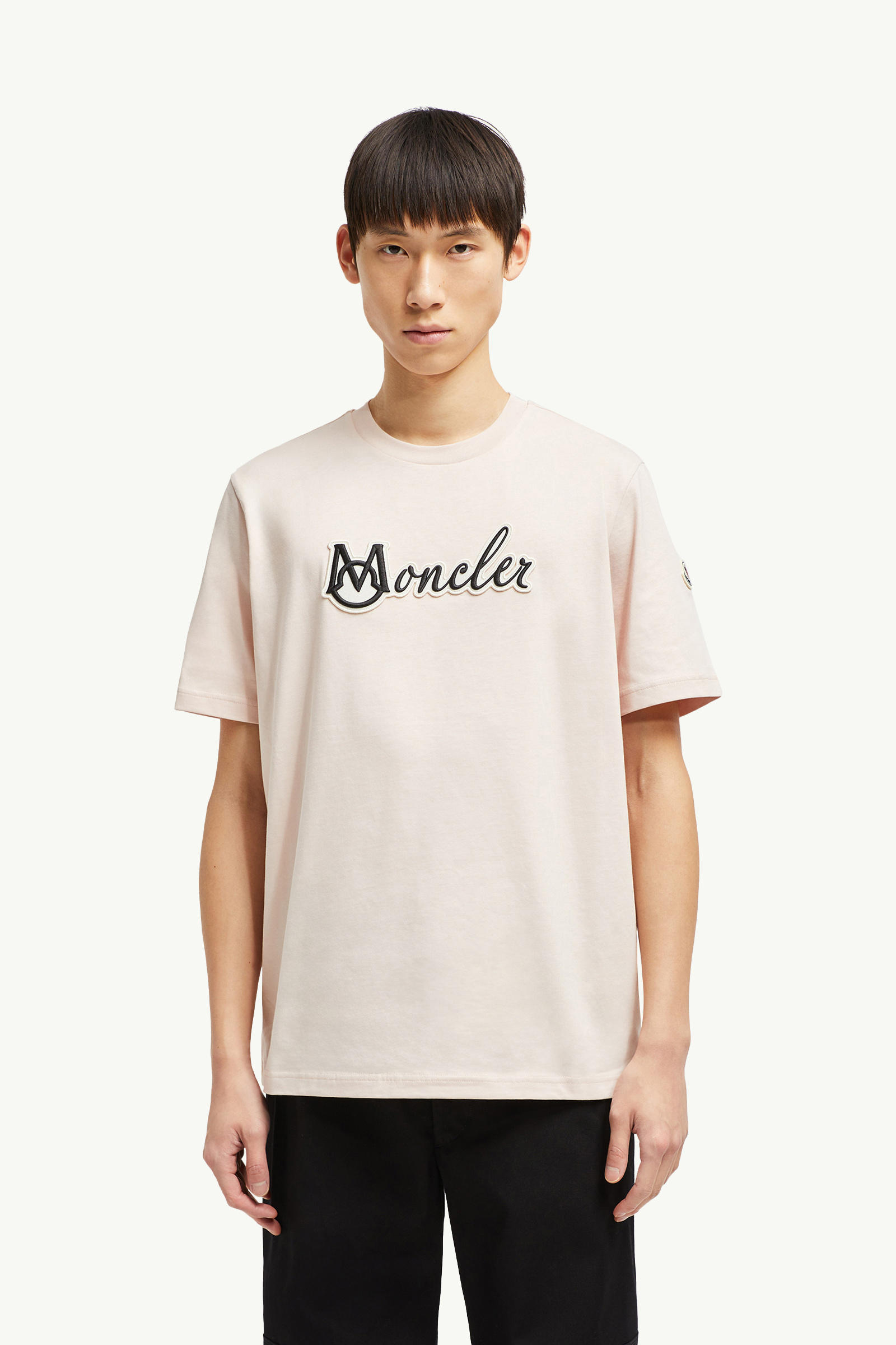 Embroidered Varsity Logo Cotton T-shirt Men Light Pink Moncler 3