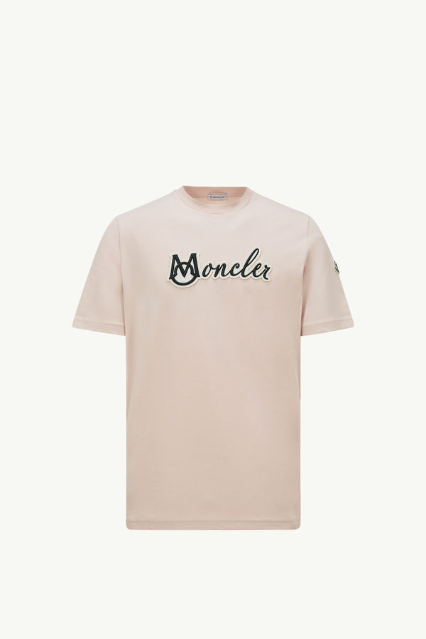 Camiseta de algodón con logotipo universitario bordado Hombre Rosado claro Moncler 2