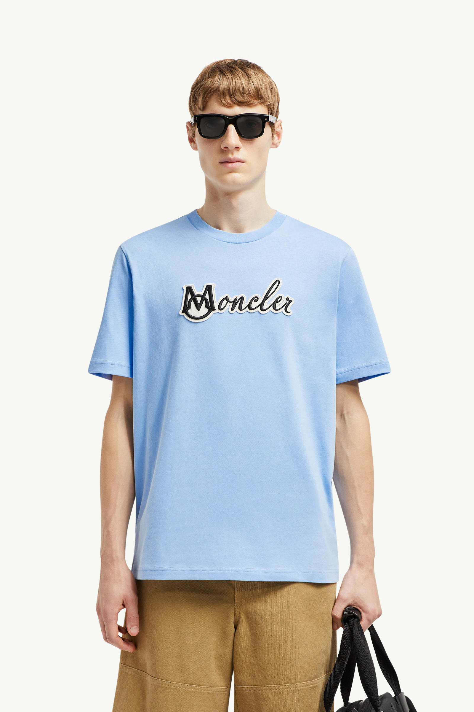 Embroidered Varsity Logo Cotton T-shirt Men Light Blue Moncler 0
