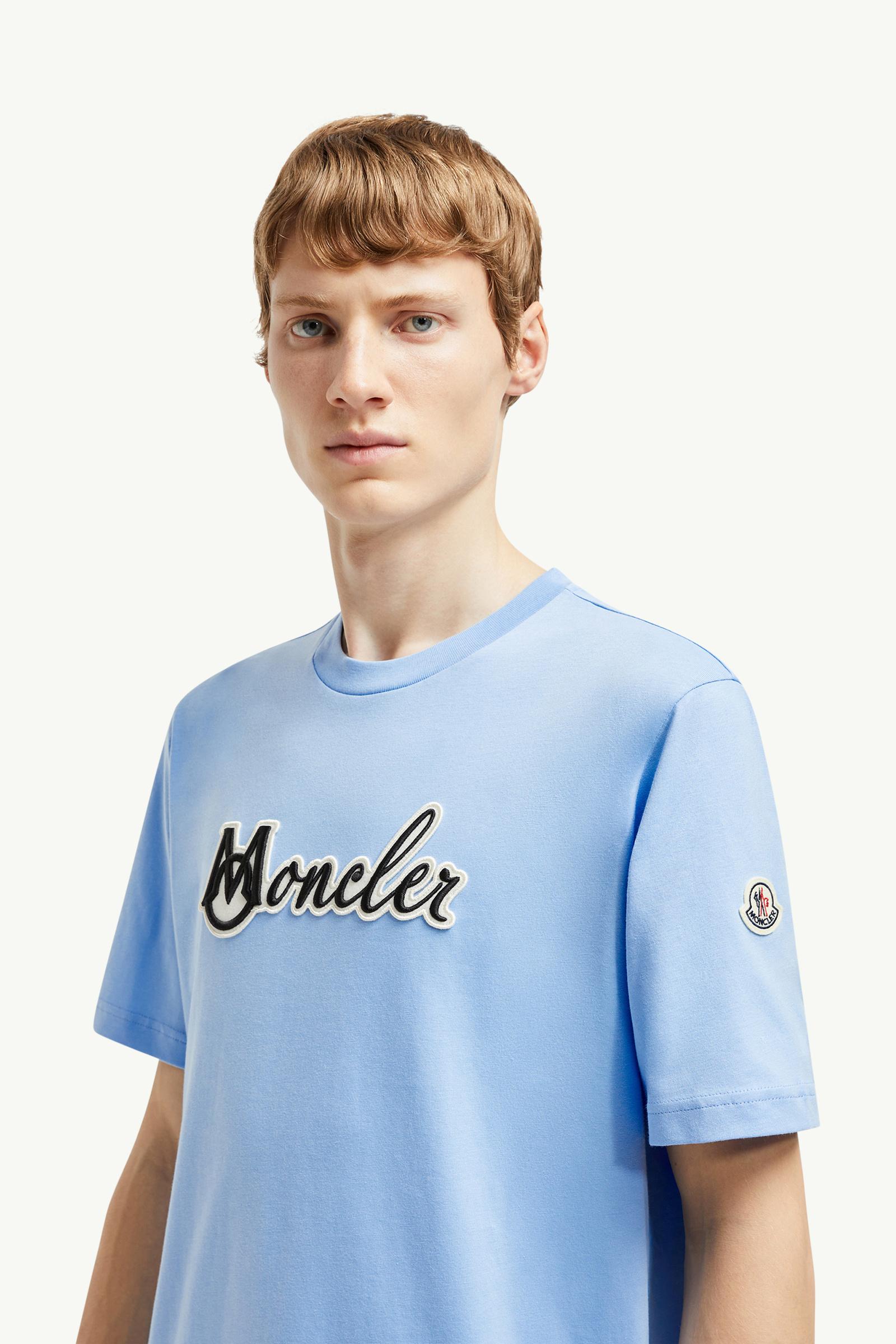 Embroidered Varsity Logo Cotton T-shirt Men Light Blue Moncler 1