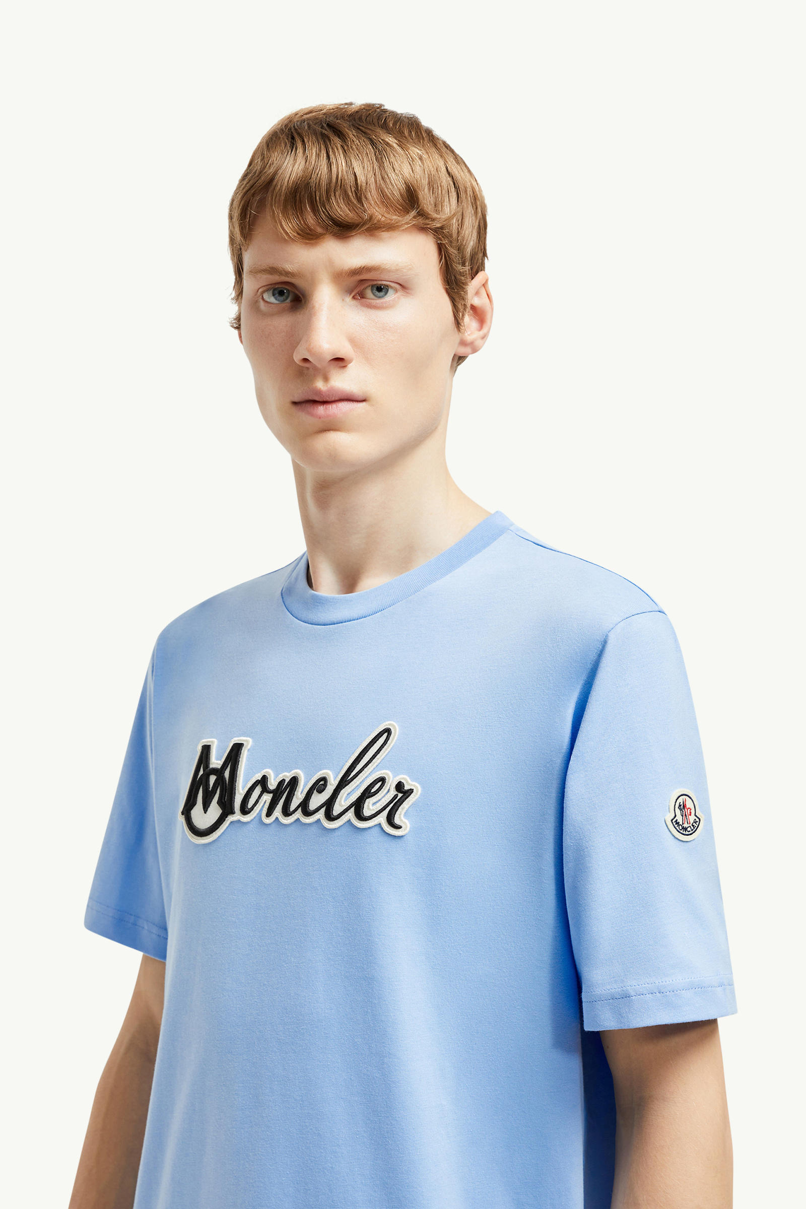 Embroidered Varsity Logo Cotton T-shirt Men Light Blue Moncler 1