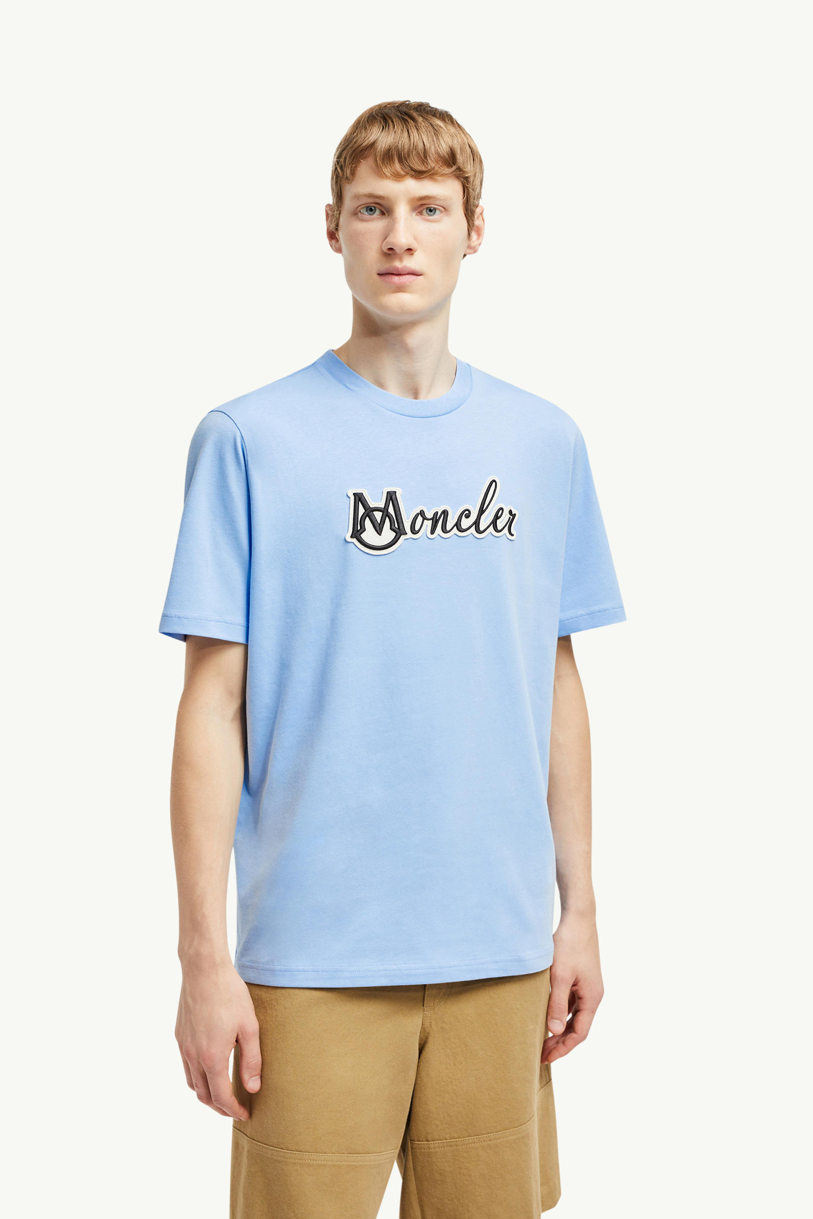 Embroidered Varsity Logo Cotton T-shirt Men Light Blue Moncler 3
