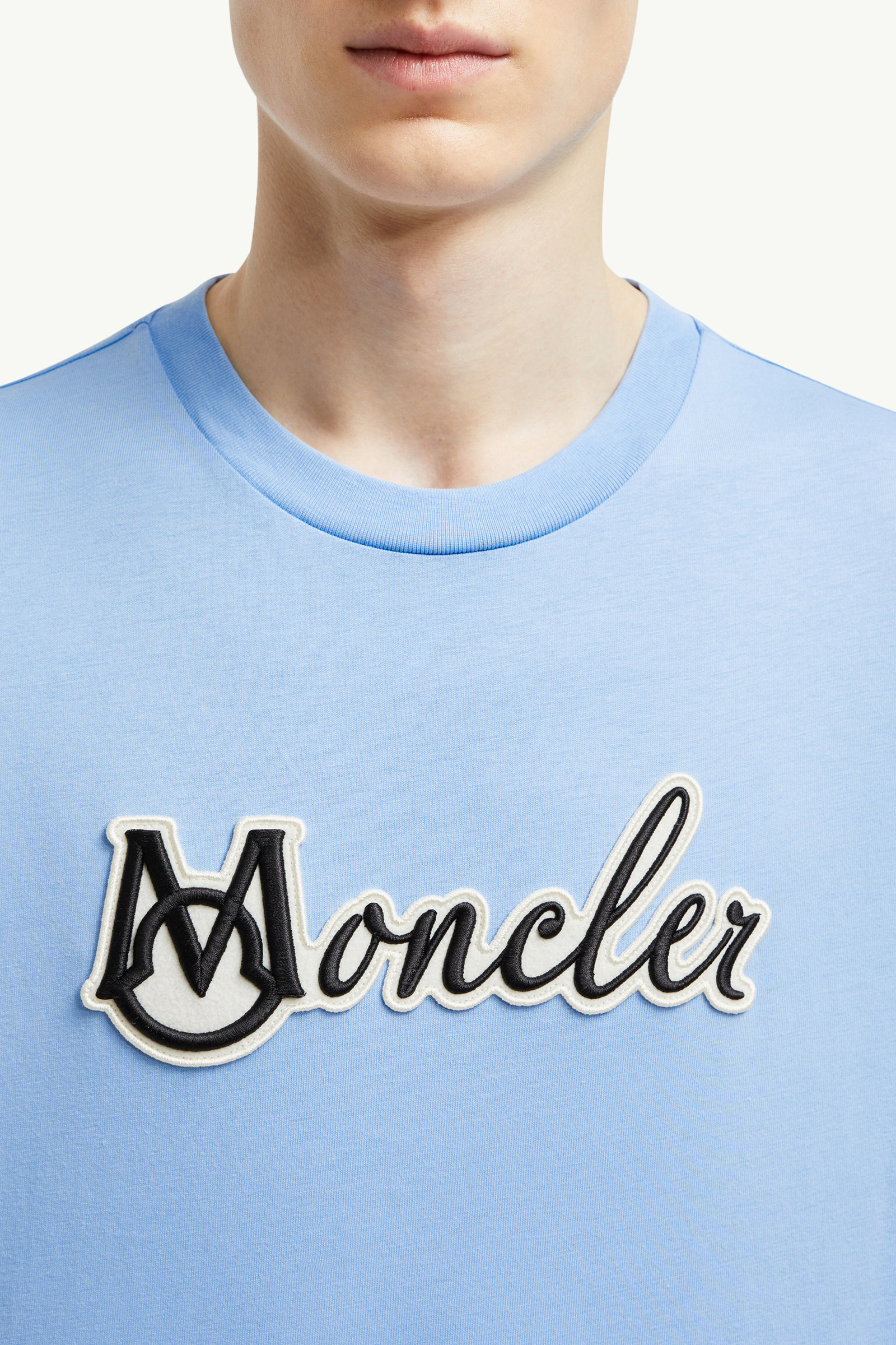 Embroidered Varsity Logo Cotton T-shirt Men Light Blue Moncler 5