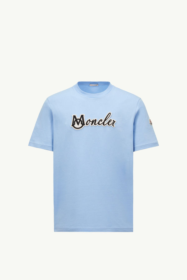 Embroidered Varsity Logo Cotton T-shirt Men Light Blue Moncler 2