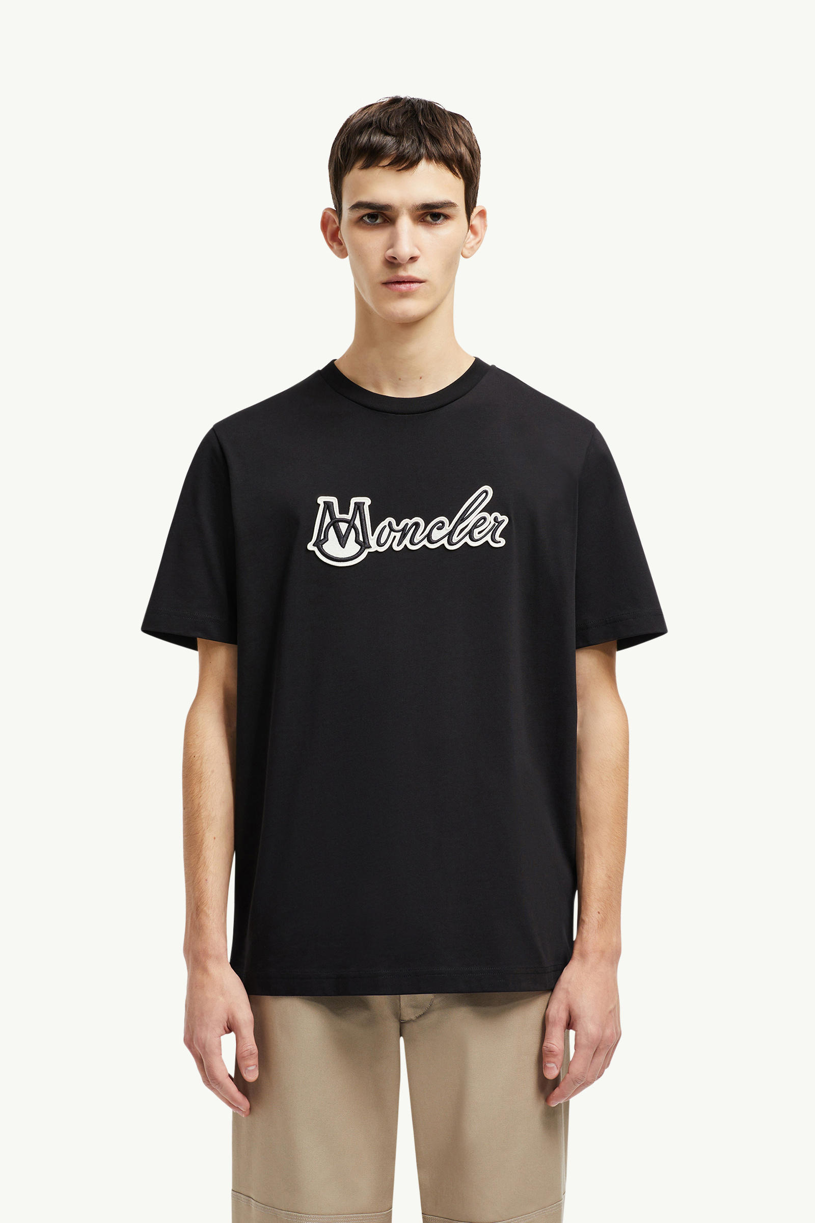 Embroidered Varsity Logo Cotton T-shirt Men Black Moncler 3