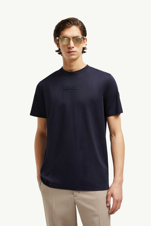 T-shirt in cotone con patch logato Uomo Blu Navy Moncler 0
