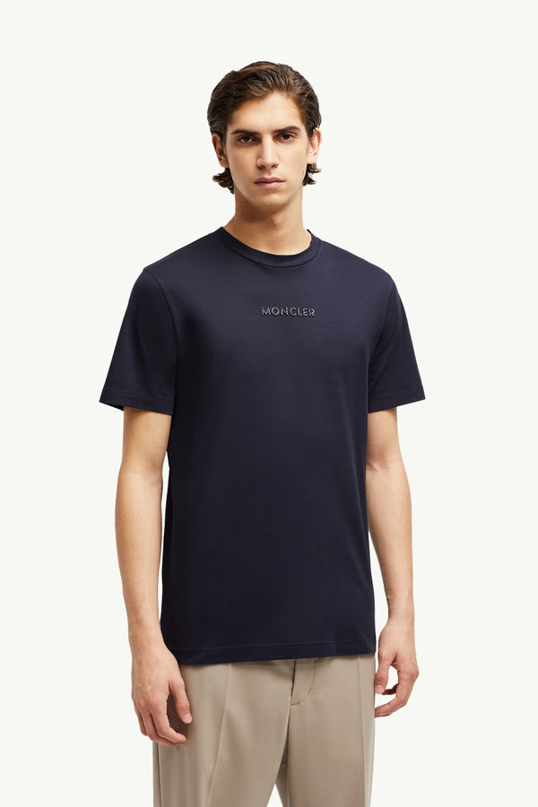 T-shirt in cotone con patch logato Uomo Blu Navy Moncler 3