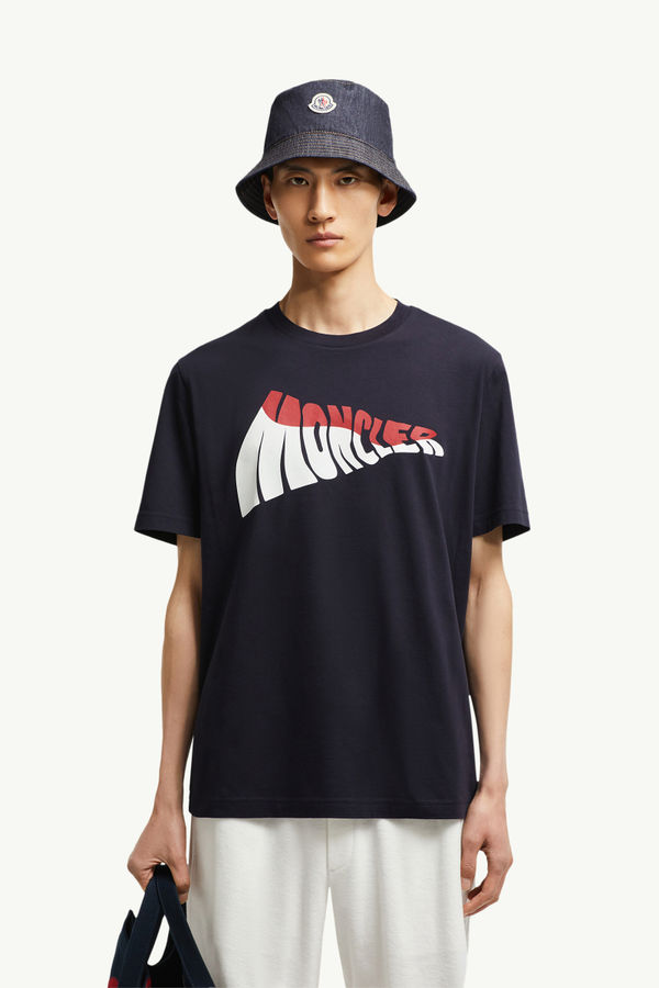 Wave Logo Cotton T-Shirt Men Dark Blue Moncler 0