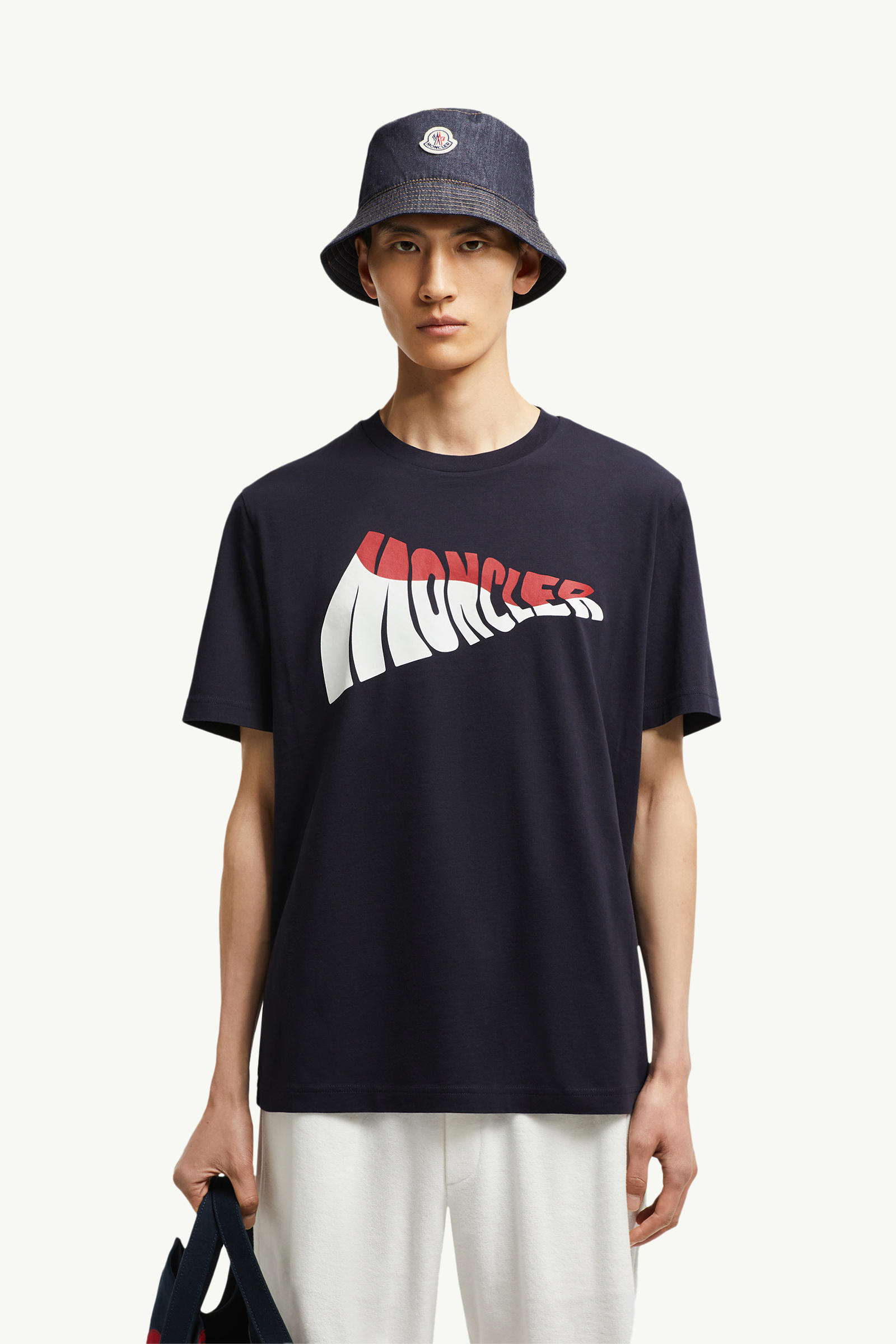 Wave Logo Cotton T-Shirt Men Dark Blue Moncler 0