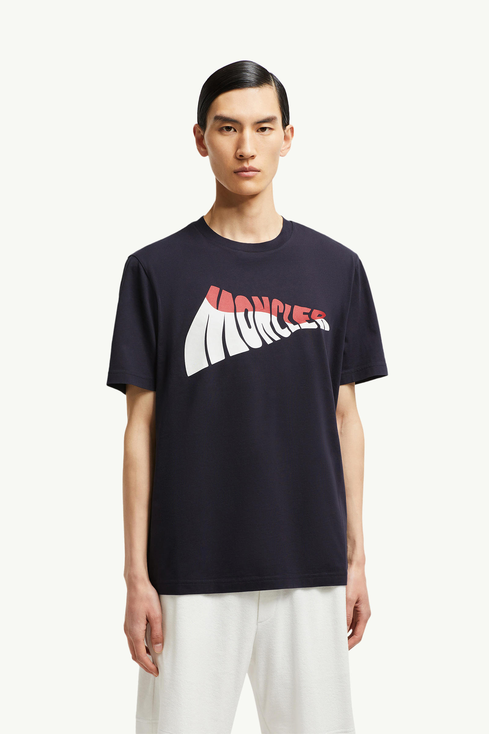Wave Logo Cotton T-Shirt Men Dark Blue Moncler 3