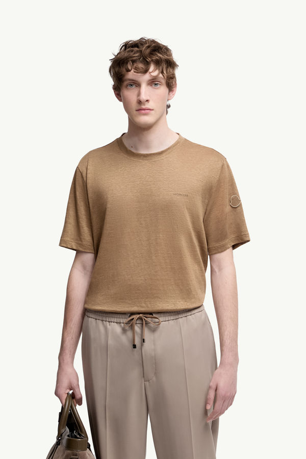Logo Linen T-Shirt Men Ochre Yellow Moncler 0