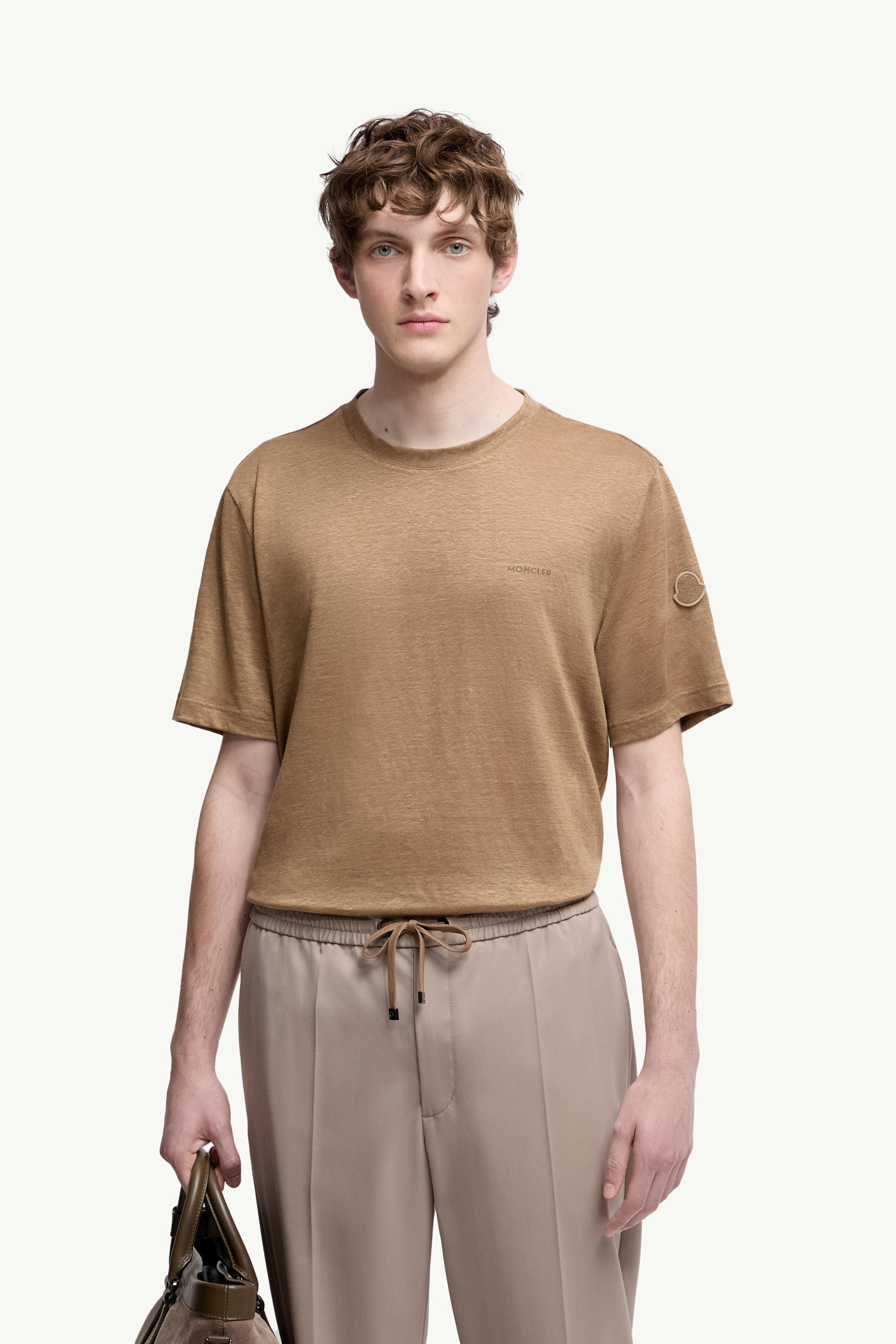 Logo Linen T-Shirt Men Ochre Yellow Moncler 0