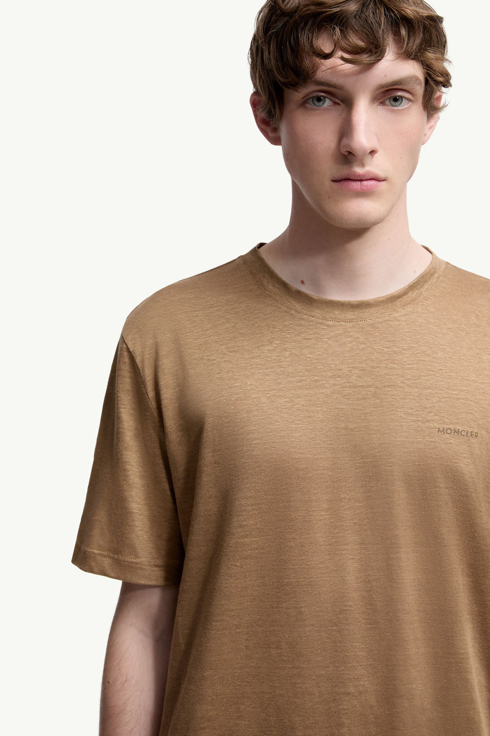 Logo Linen T-Shirt Men Ochre Yellow Moncler 5