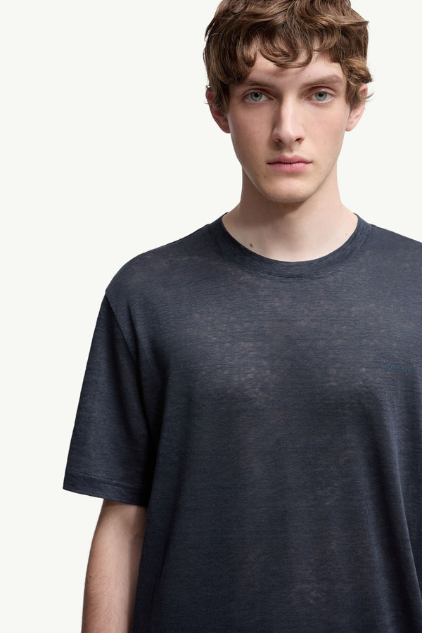 Logo Linen T-Shirt Men Dark Blue Moncler 5