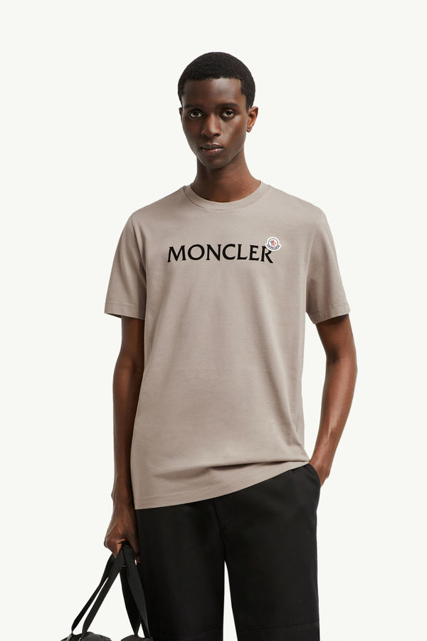 Flocked Logo Cotton T-Shirt Men Gray Moncler 0