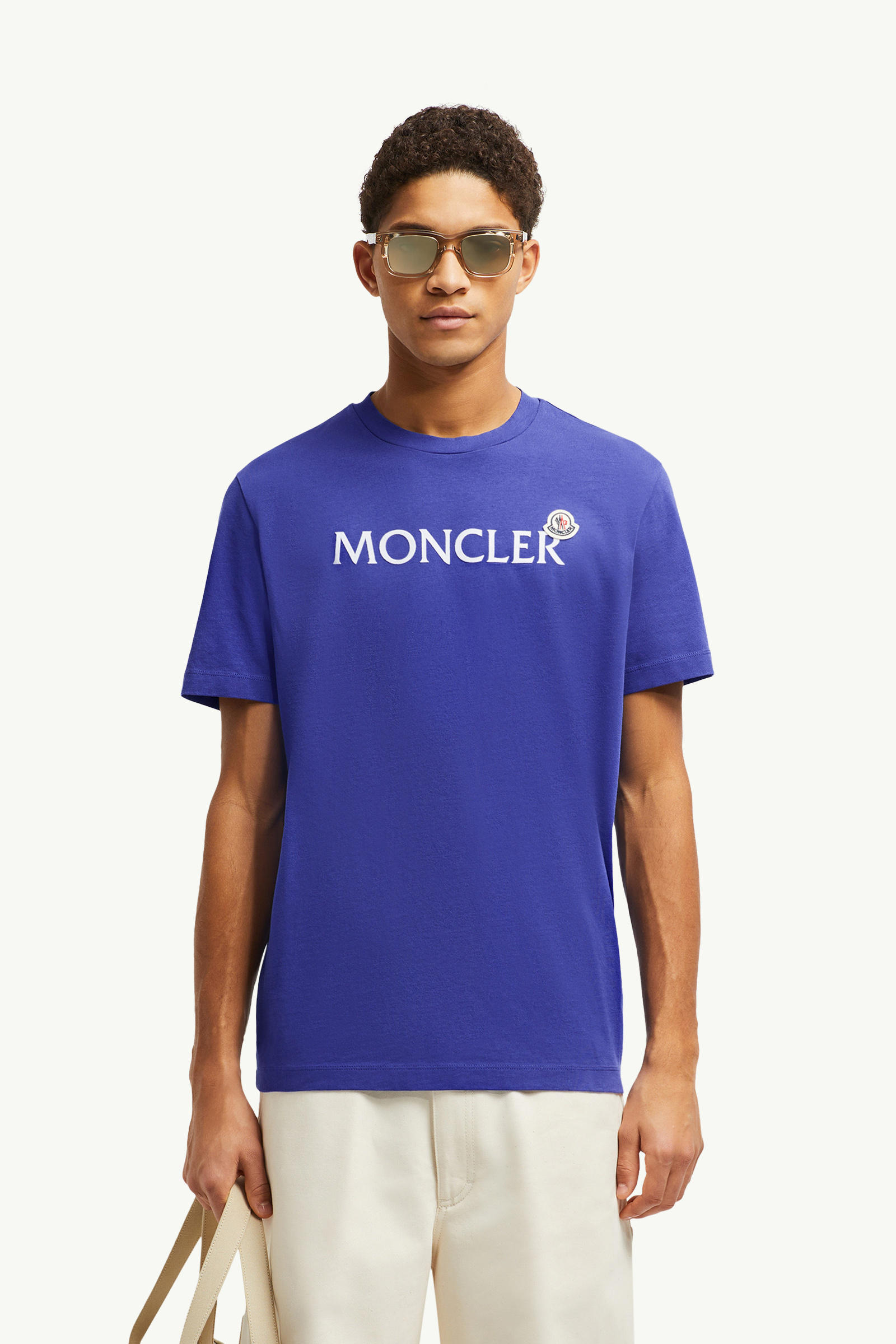Camiseta de algodón con logotipo flocado Hombre Azul brillante Moncler 0