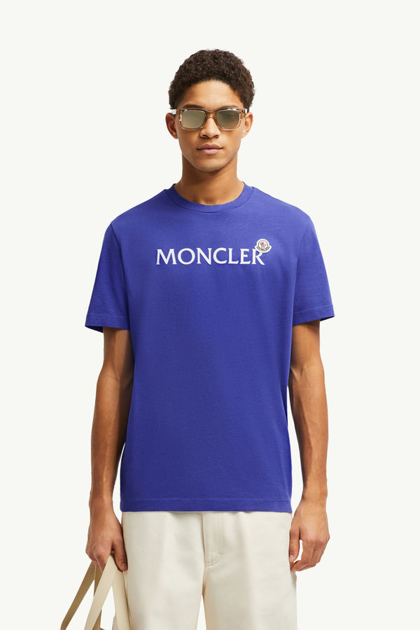 T-shirt en coton à logo floqué Hommes Bleu Vif Moncler 0