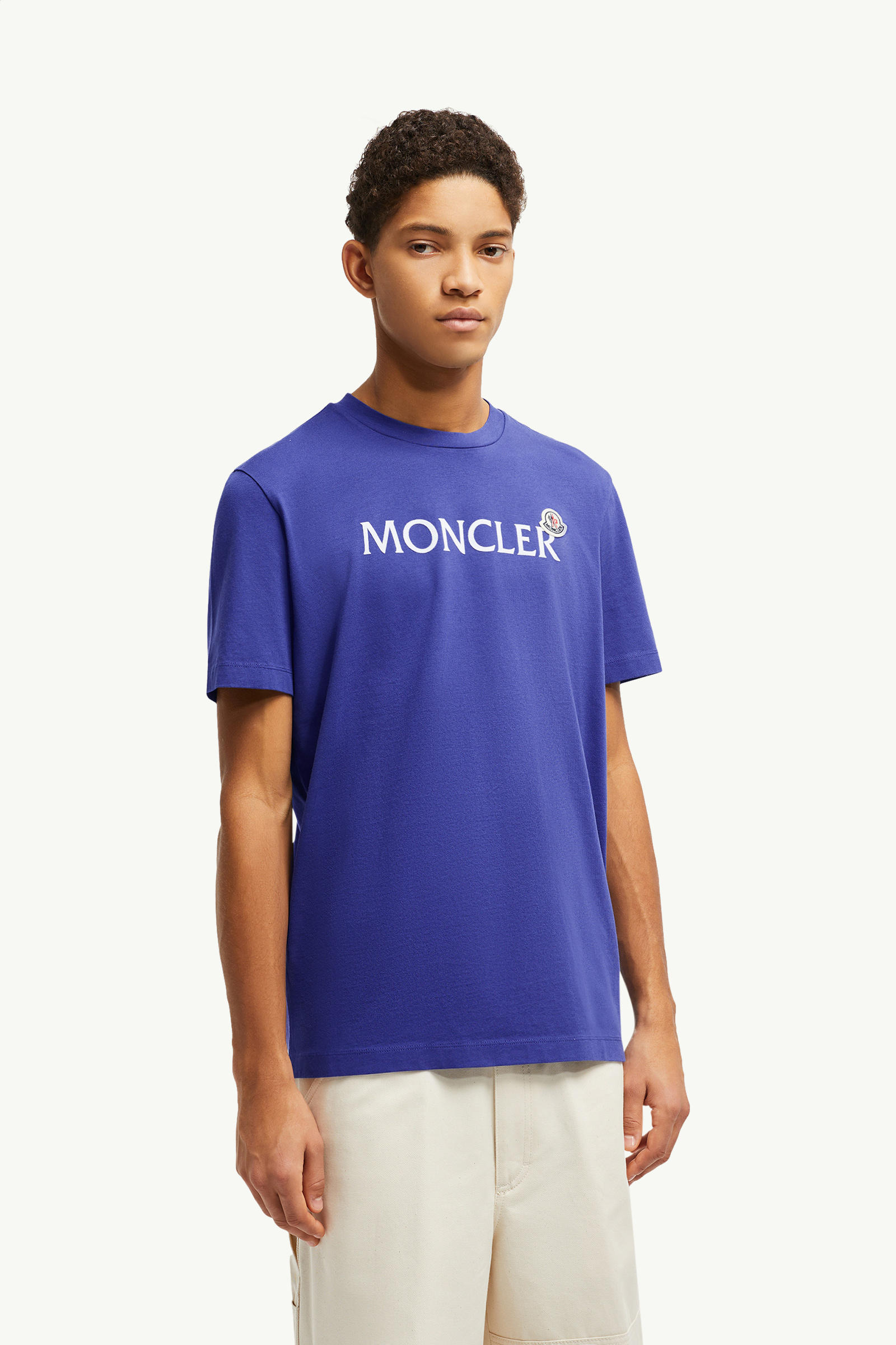 Camiseta de algodón con logotipo flocado Hombre Azul brillante Moncler 3