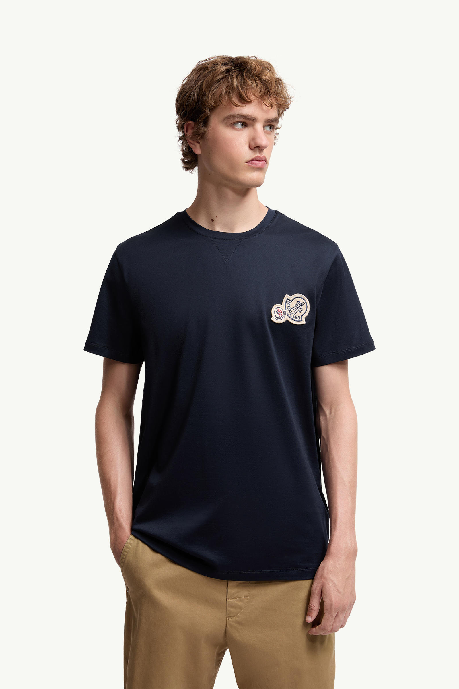 Double Logo Patch Cotton T-Shirt Men Dark Blue Moncler 3