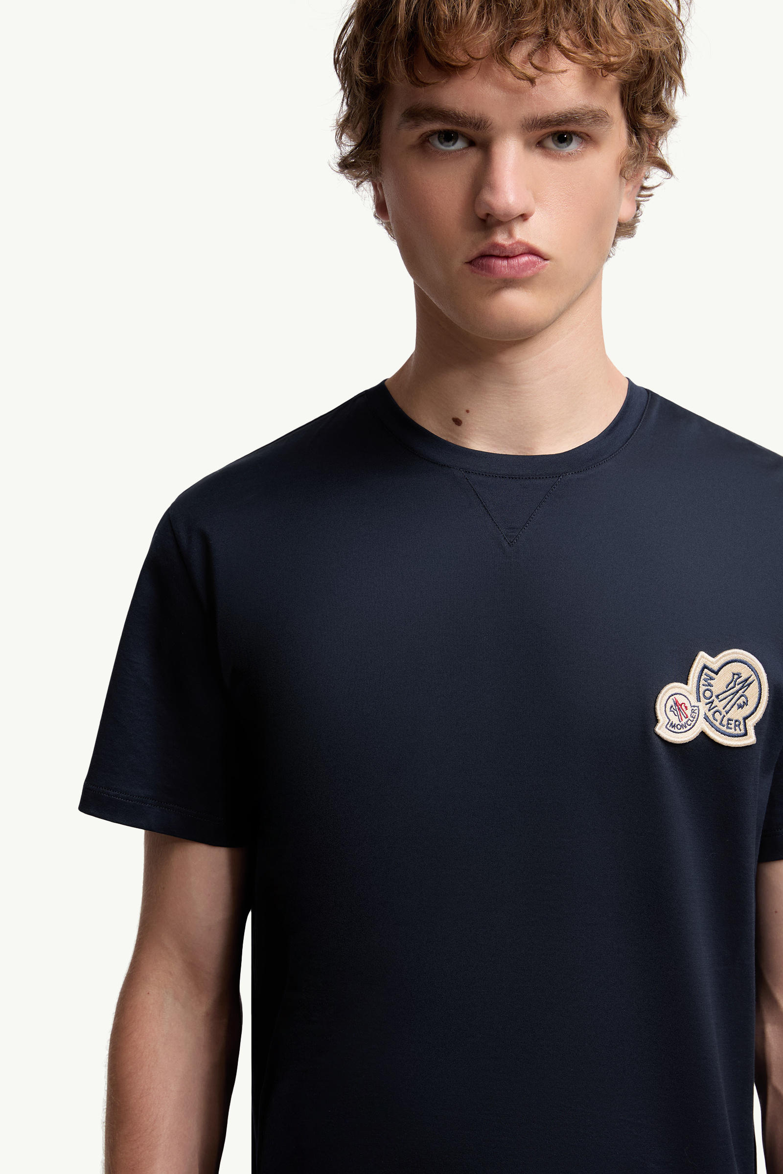 Double Logo Patch Cotton T-Shirt Men Dark Blue Moncler 5