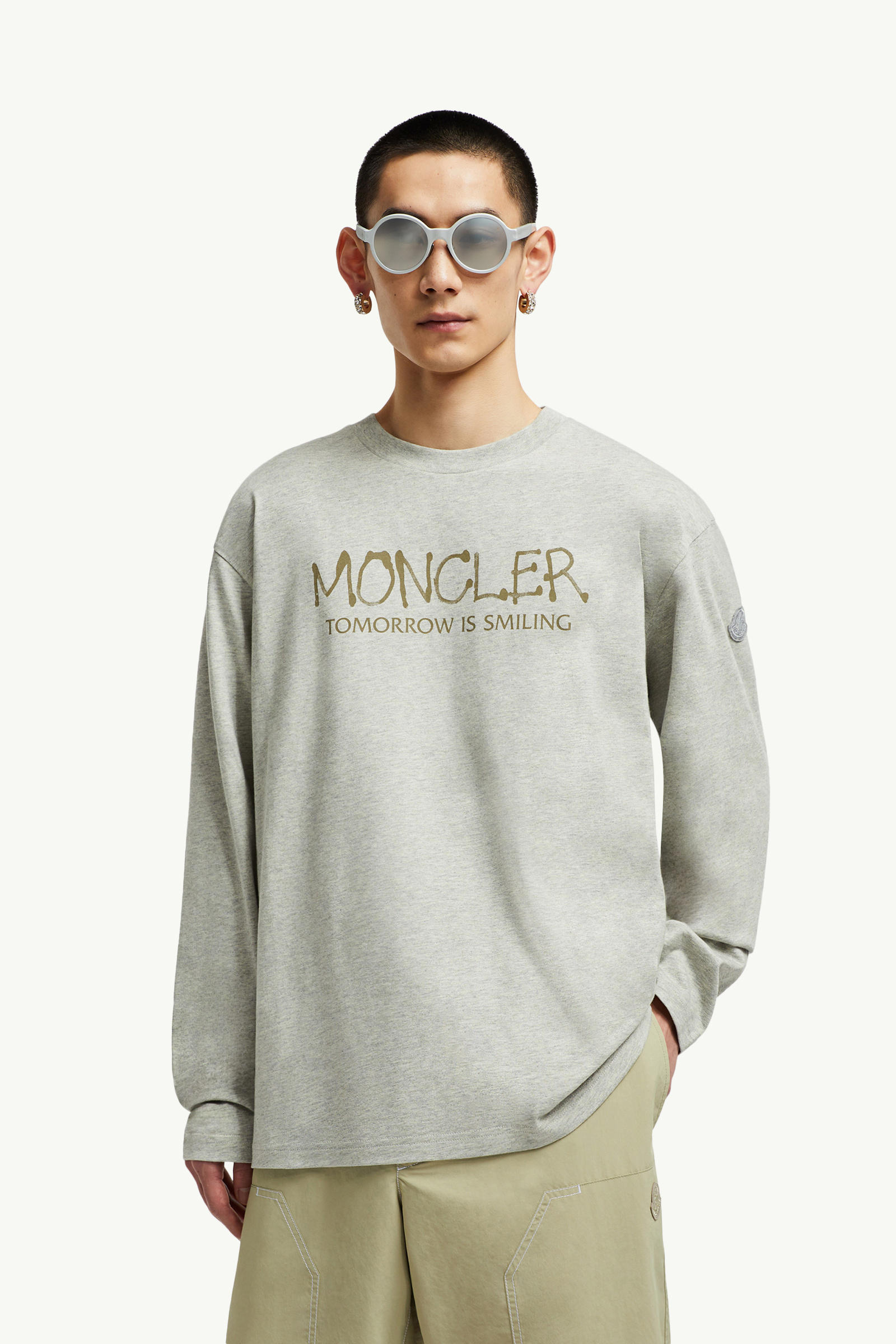 塗鴉標誌長袖T恤 男士 淺灰色 Moncler 0