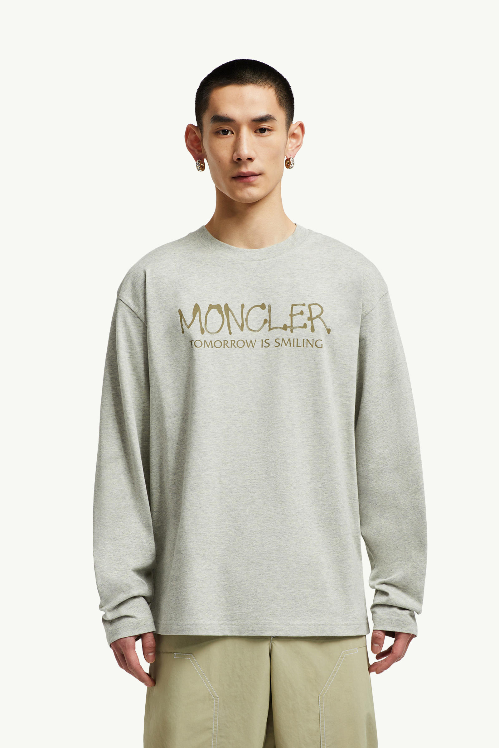 塗鴉標誌長袖T恤 男士 淺灰色 Moncler 3