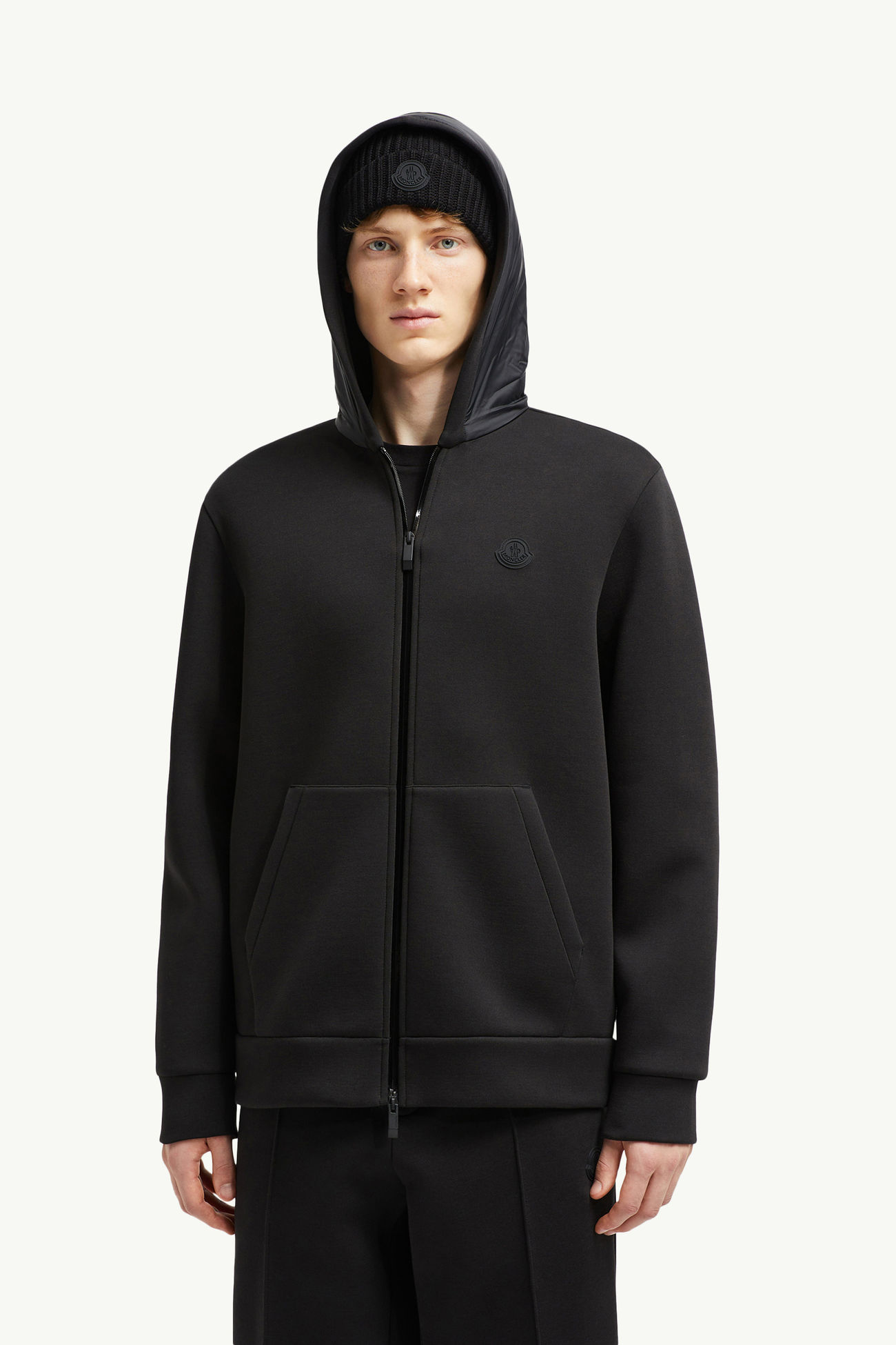 Cotton & Neoprene Zip-Up Hoodie Men Black Moncler 0
