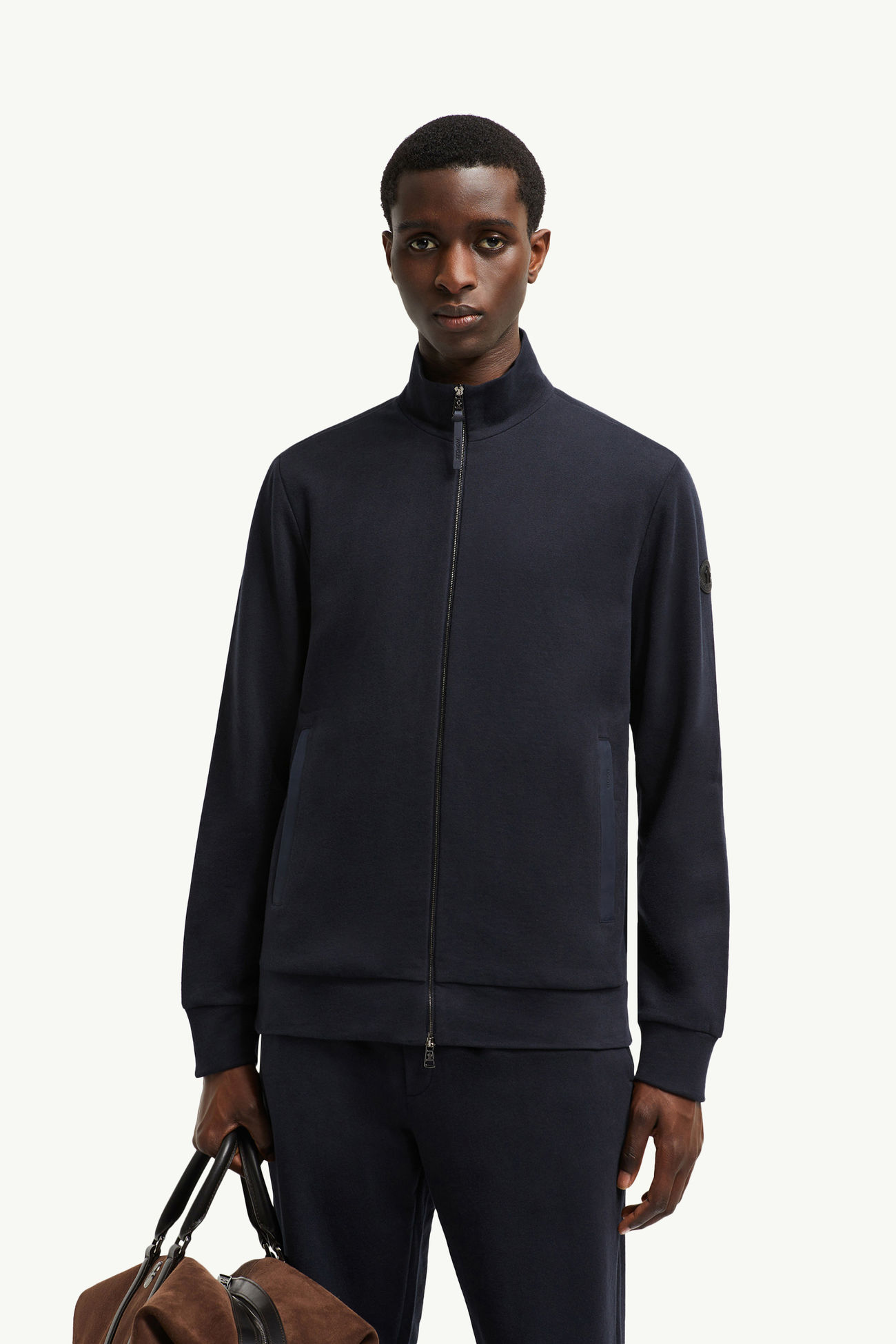 Suede-Trimmed Cotton & Cashmere Sweatshirt Men Navy Blue Moncler 0