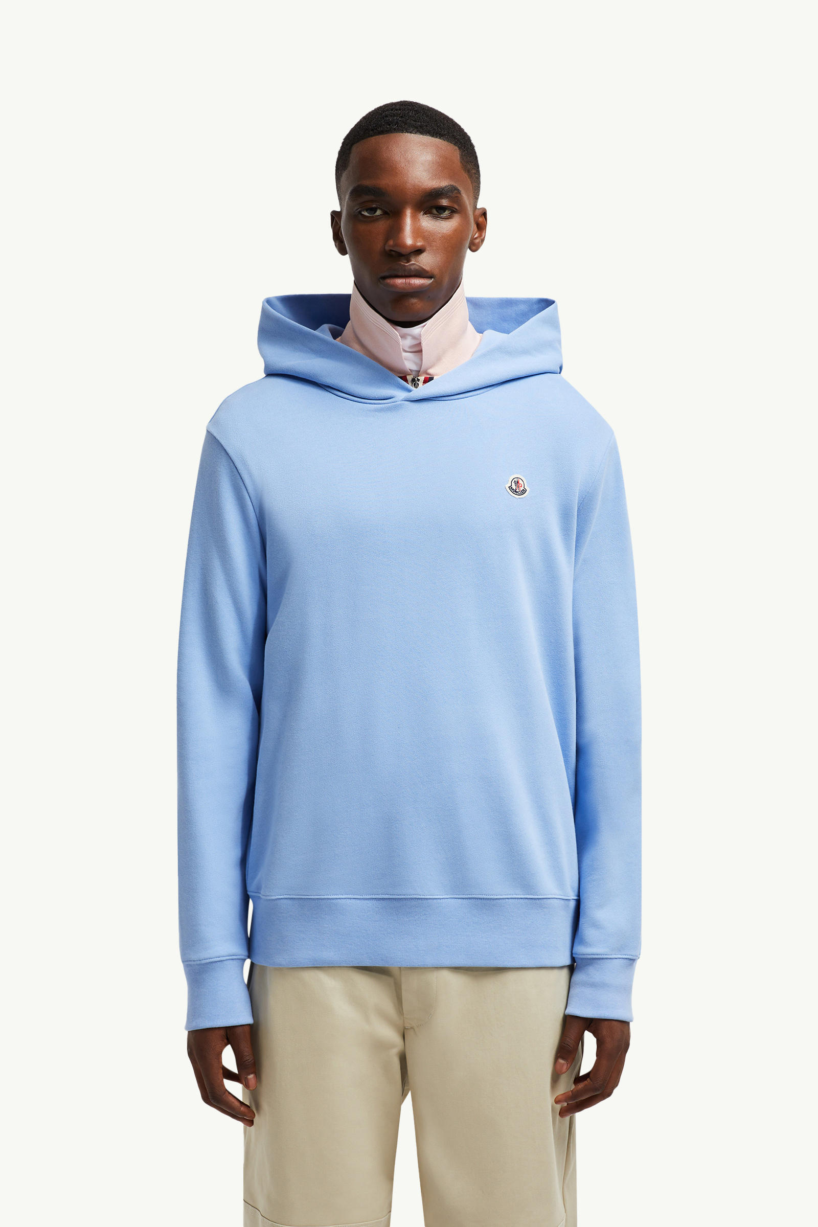 Logo Patch Cotton Hoodie Men Light Blue Moncler 3