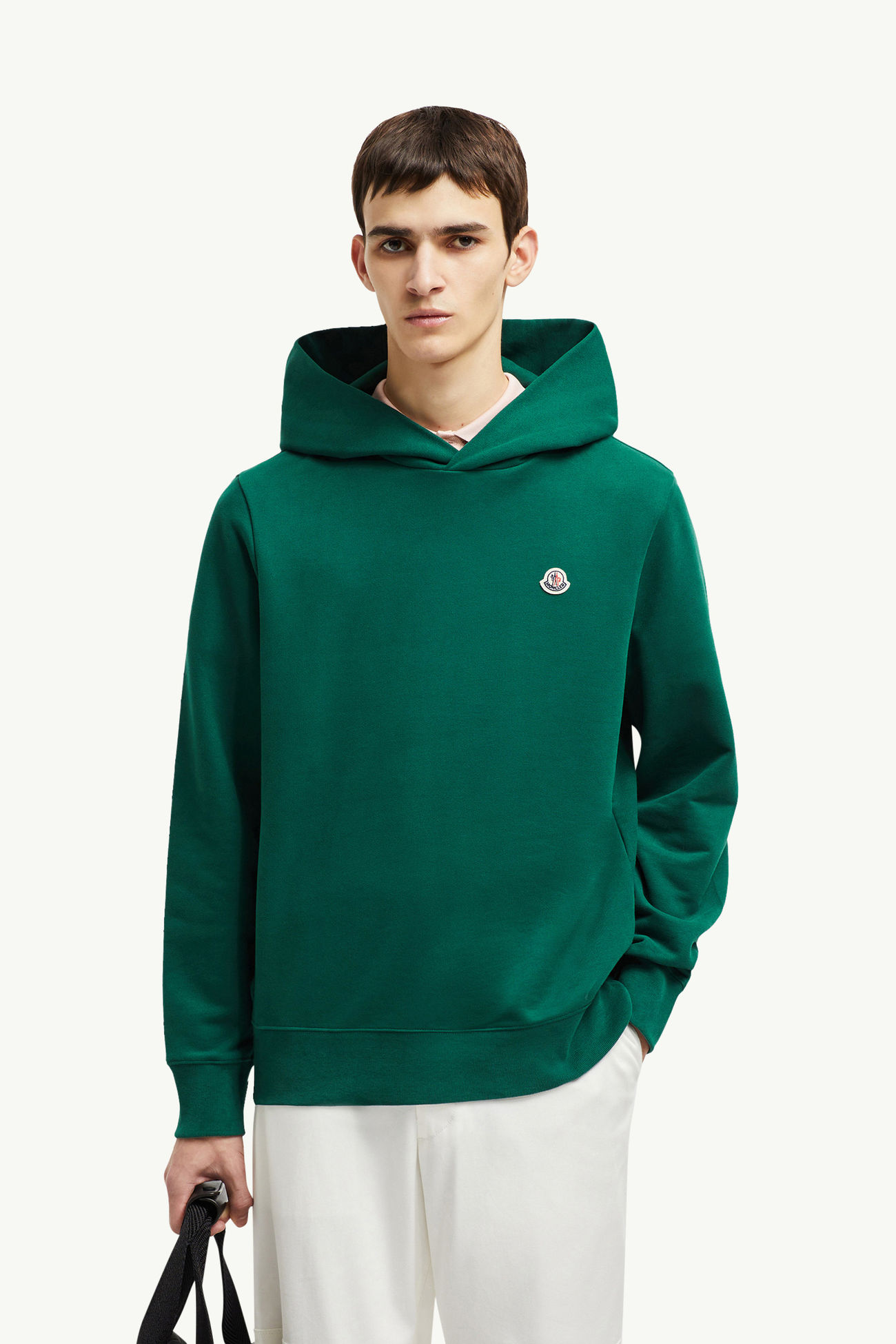 Sweat à capuche en coton à empiècement logo Hommes Vert Émeraude Moncler 0