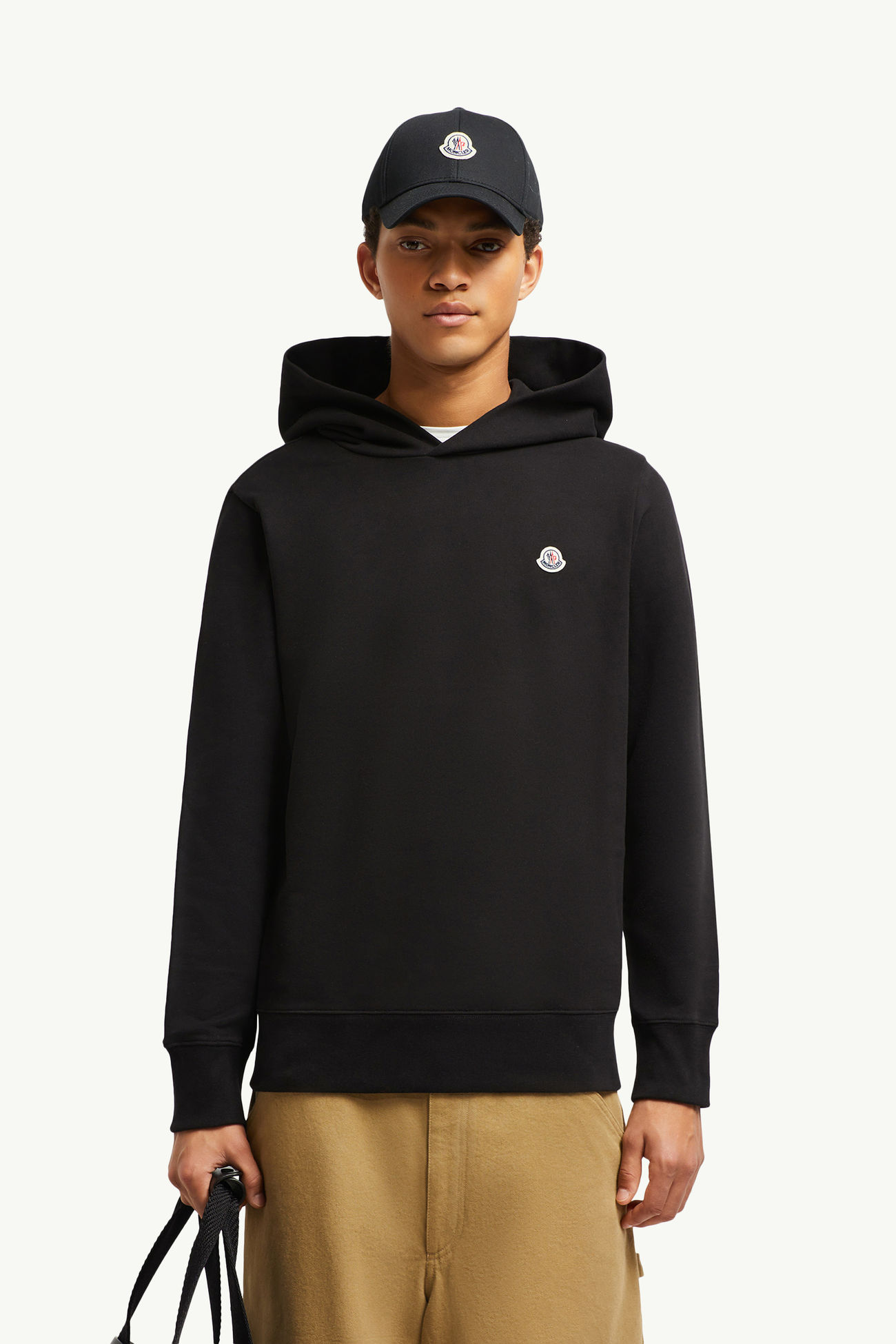 Felpa con patch logato e cappuccio in cotone Uomo Nero Moncler 0