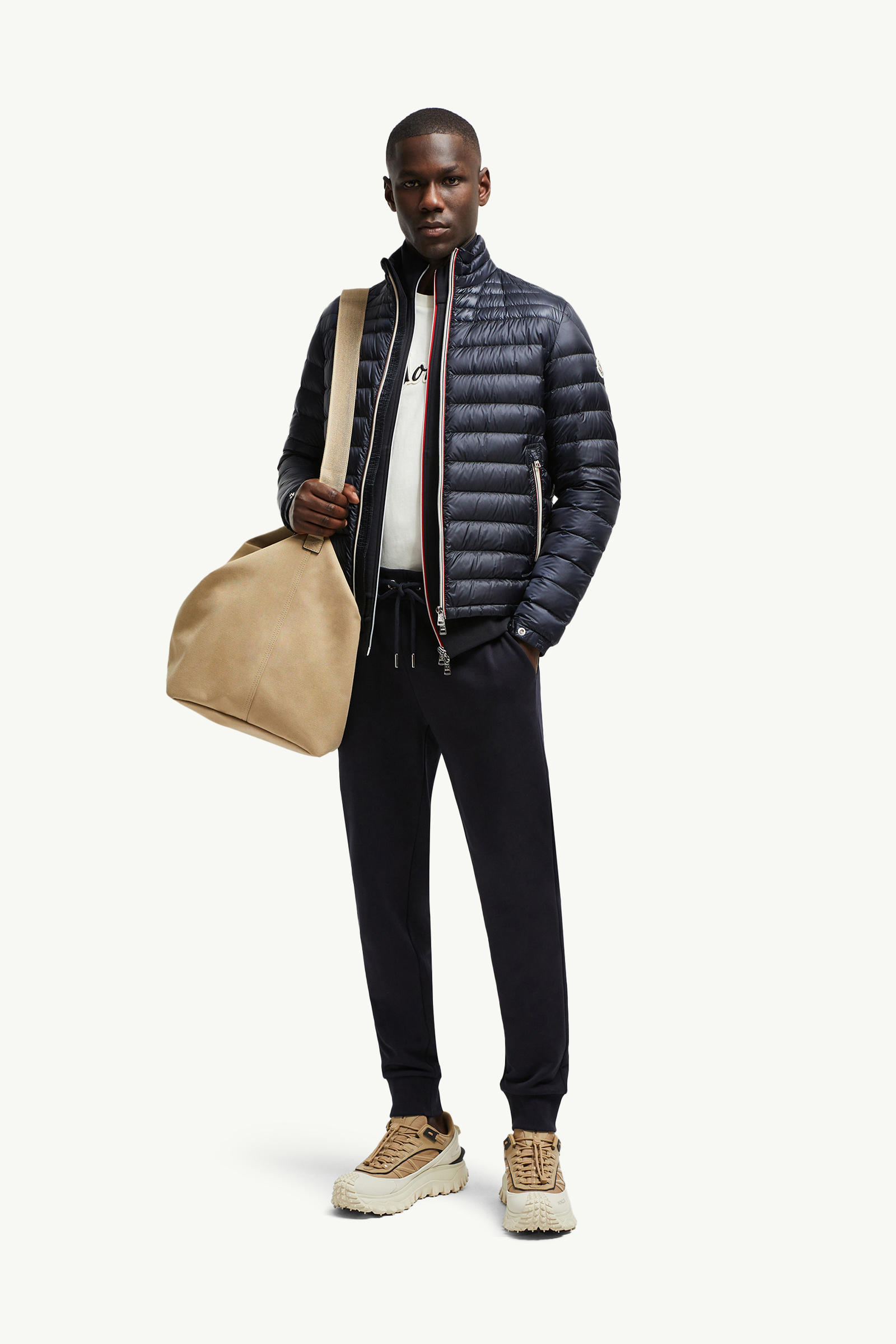 Pantaloni sportivi in cotone con finiture tricolore Uomo Blu Notte Moncler 0