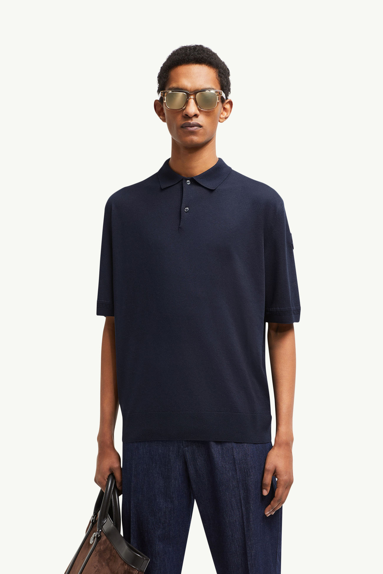 Silk & Linen Knit Polo Shirt Men Navy Blue Moncler 0