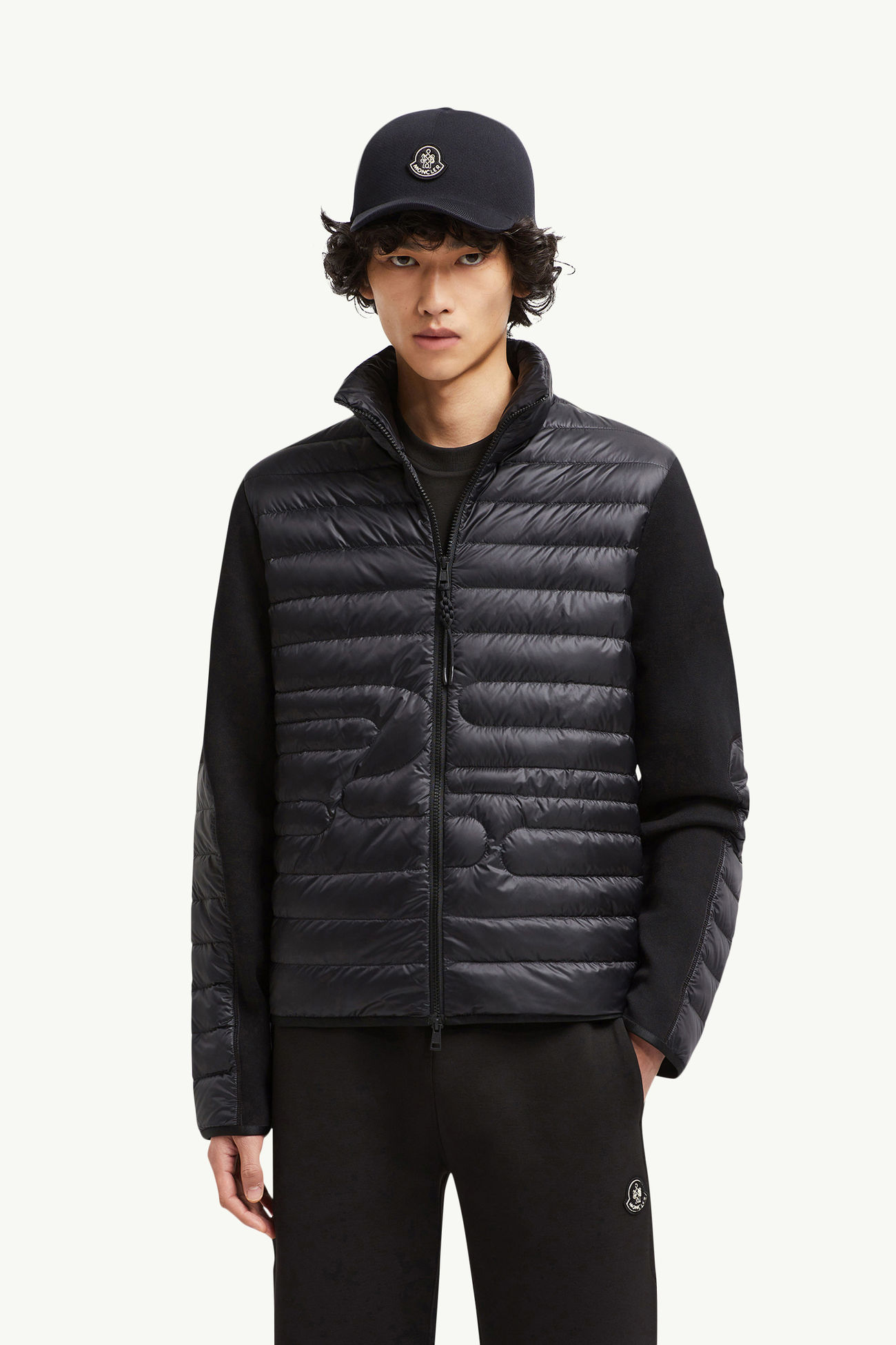 夾層蛇紋絎縫棉質開襟毛衣 男士 黑色 Moncler 0