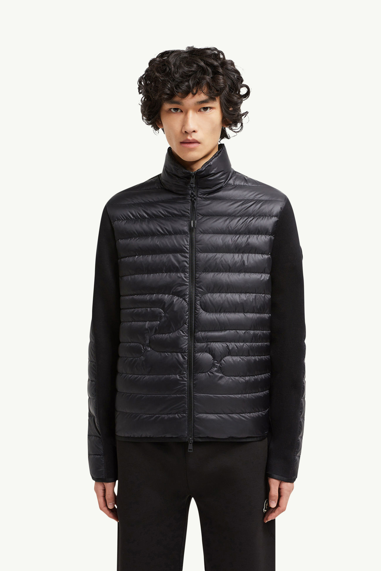 夾層蛇紋絎縫棉質開襟毛衣 男士 黑色 Moncler 3