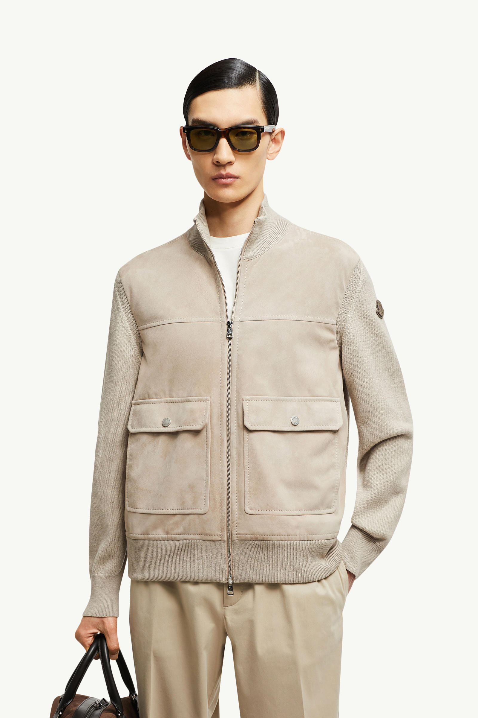 Cardigan con zip in lana, cotone e pelle scamosciata Uomo Marrone Moncler 0