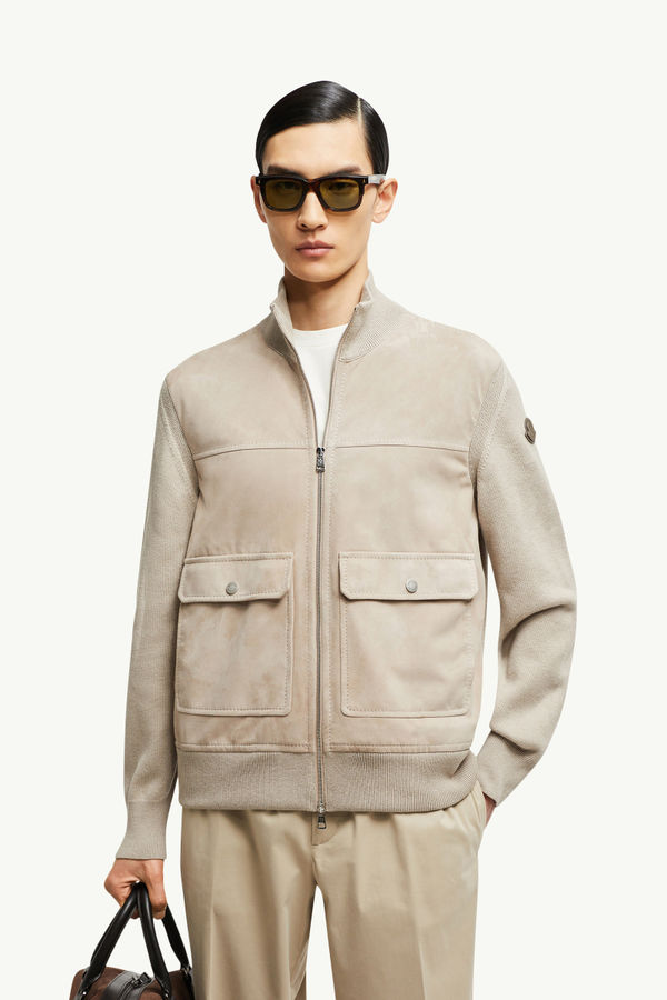 Wool, Cotton & Suede Zip-Up Cardigan Men Brown Moncler 0