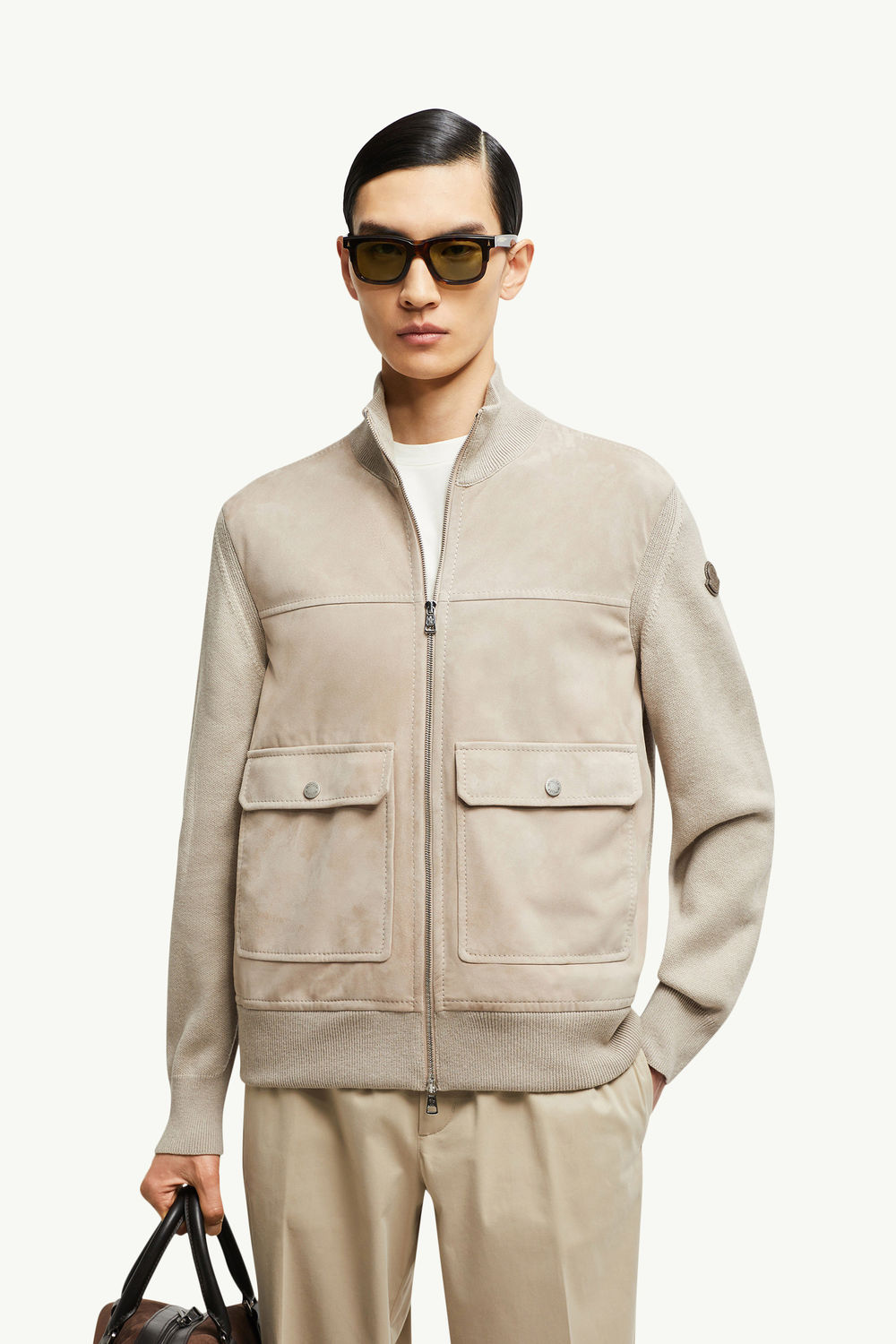羊毛、棉質和麂皮拉鏈開襟毛衣 男士 米色 Moncler 0