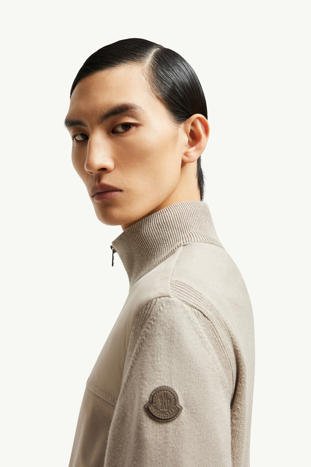 Cardigan zippé en laine, coton et daim Hommes Beige Moncler 1